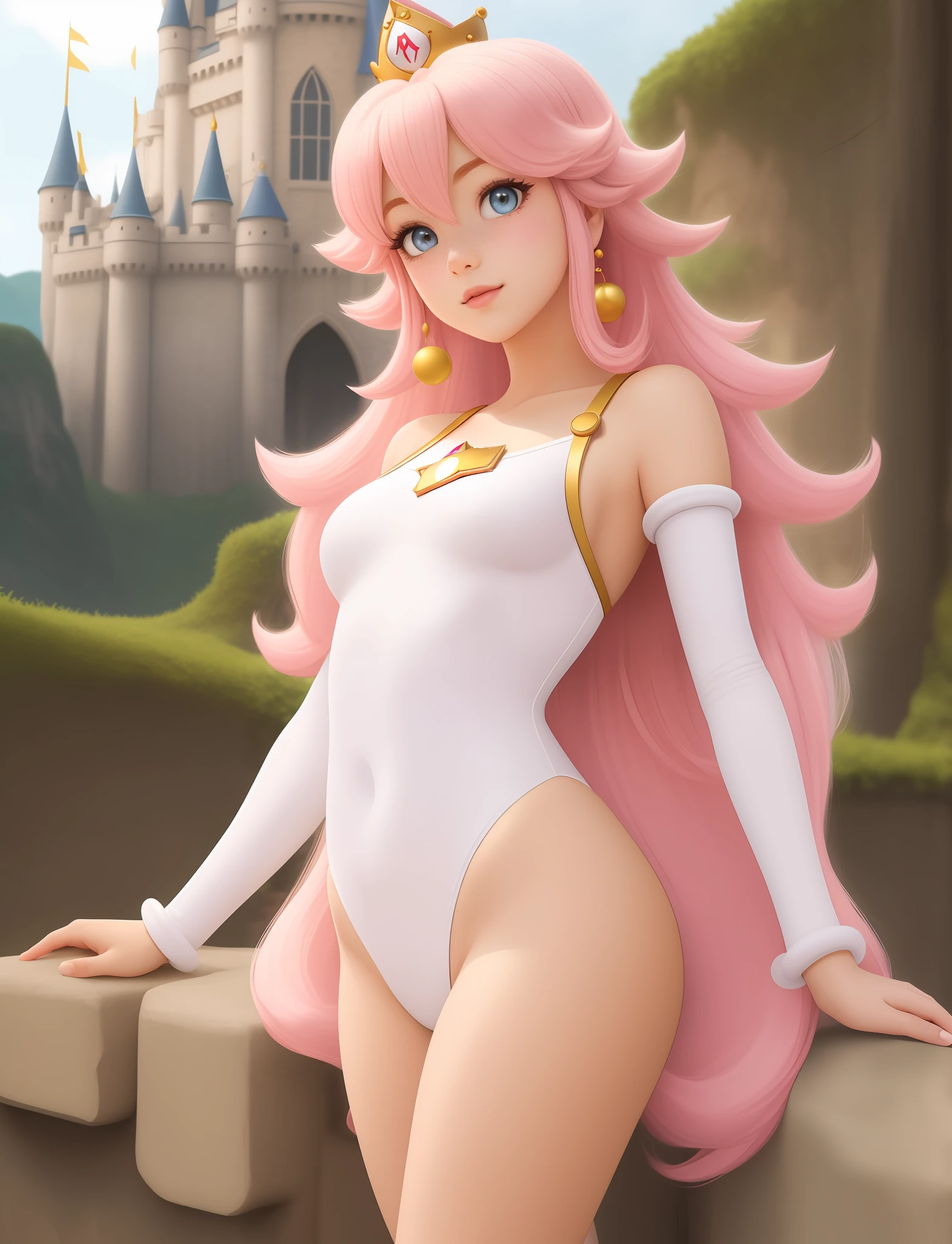 prepubescent, beautifully, full body,, Princess Peach(Super Mario),adult girl, solo, princess style anime, straight hair, layer, multicolored hair, pink hair, long hair, castle background, multicolor eyes, big eyes, light, beauty face, full white bodysuit, small freckles, lit face, cute cheeks, full body, looking the landscape, bellow, self-pulled, nixeu_white,