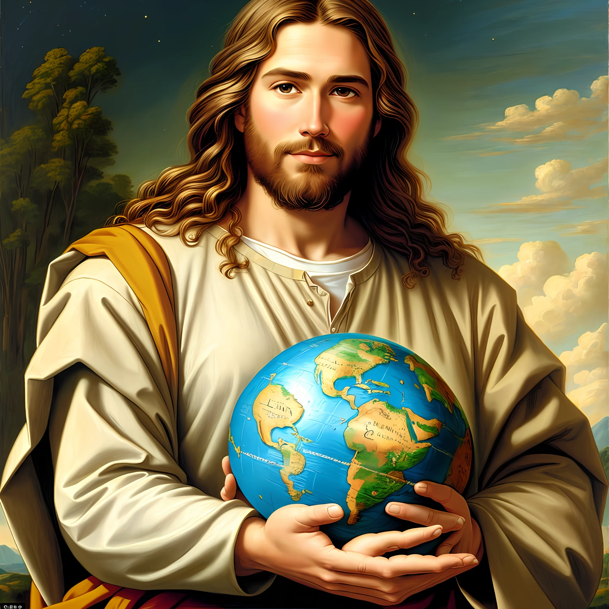 Jesus Christ holding the planet earth, Christian art, high quality, highly detailed, painting, in the style of Greg Olsen
