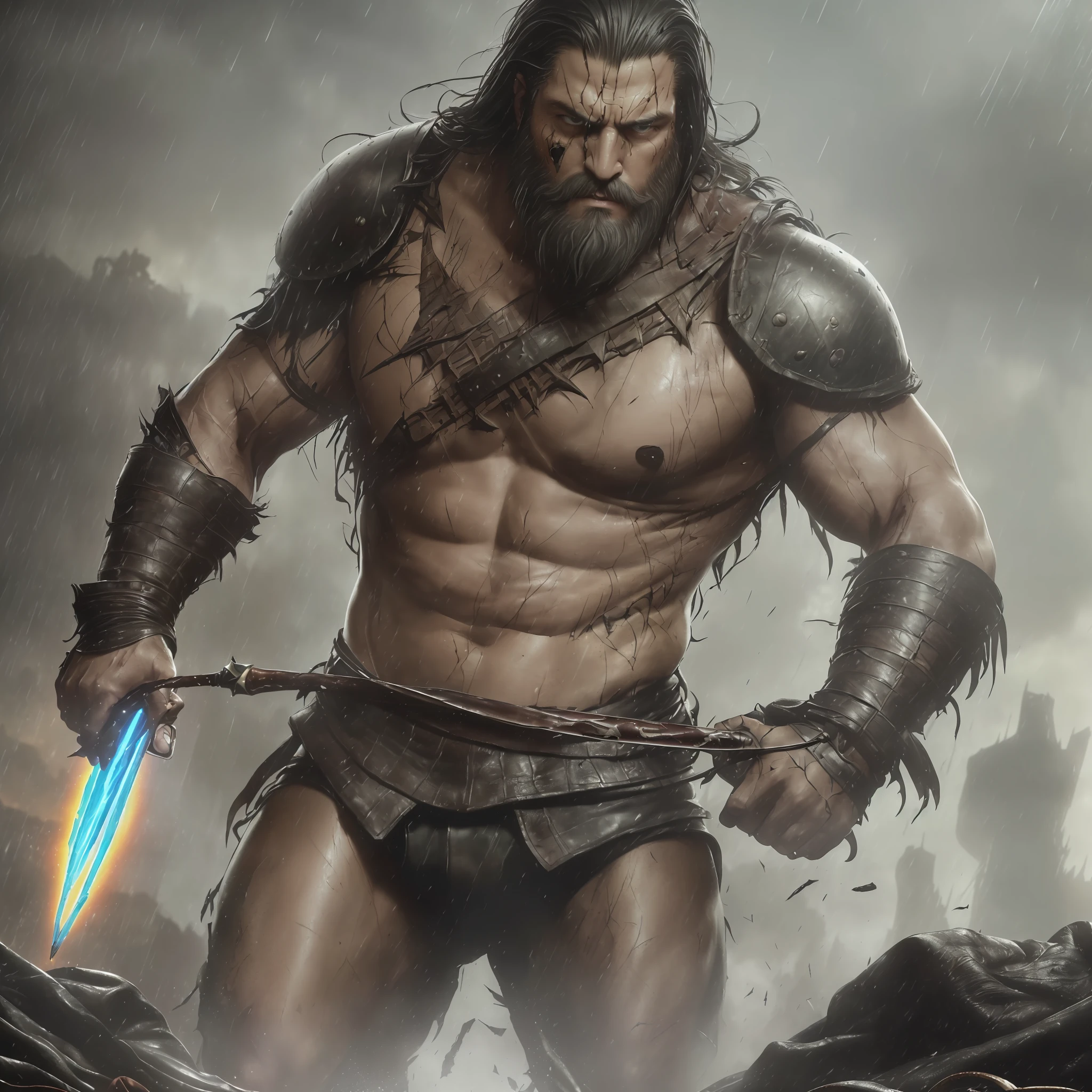 (Cinematic Photo:1.3) from (Ultra detailed:1.3) photo of the world's most beautiful artwork with smooth glossy, (((heroic epic epic fantasy rough wrinkled wet giant man villain goliath, wounded angry look with long black hair and long beard and fierce look in a dynamic posture, holding a spear, garments of centuries before Christ)), chest,  Full face,(dark background:1.4) (realistic epic, HDR, intricate details, hyperdetailed, cinematic, rim light, muted: 1.5), ((fantastic location, majestic cluttered environment)), skin pores, very dark lighting, heavy shadows, detailed, detailed face, (realistic photo, dramatic, dark, sharp focus, 8k), (damaged damaged used old leather clothing:1.5), (intricate: 1.4), decadent, (highly detailed: 1.4), octane rendering,  sharp focus, heavy rain, floating particles,(by artist Greg Rutkowski:1.3),Highly detailed,(Kinemacolor:1.3) --auto --s2