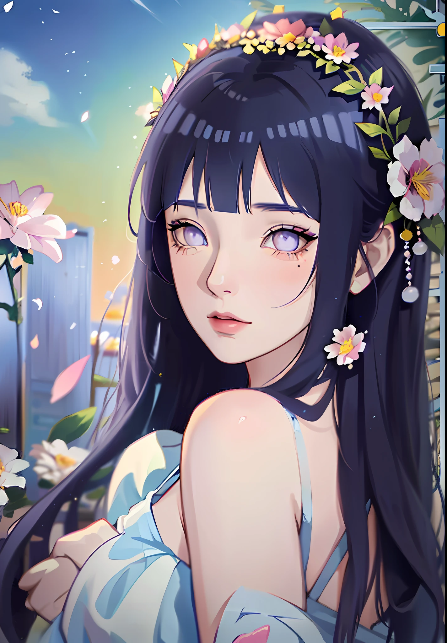 anime girl with dark blue hair wearing a blue dress, artwork in the style of guweiz, beautiful anime portrait, guweiz, beautiful anime girl, beautiful anime style, anime girl with dark blue hair, anime style. 8k, in the art style of bowater, beautiful digital illustration, beautiful character painting, stunning anime face portrait, ((blunt bangs)), purple eyes, (((flowers crown)))