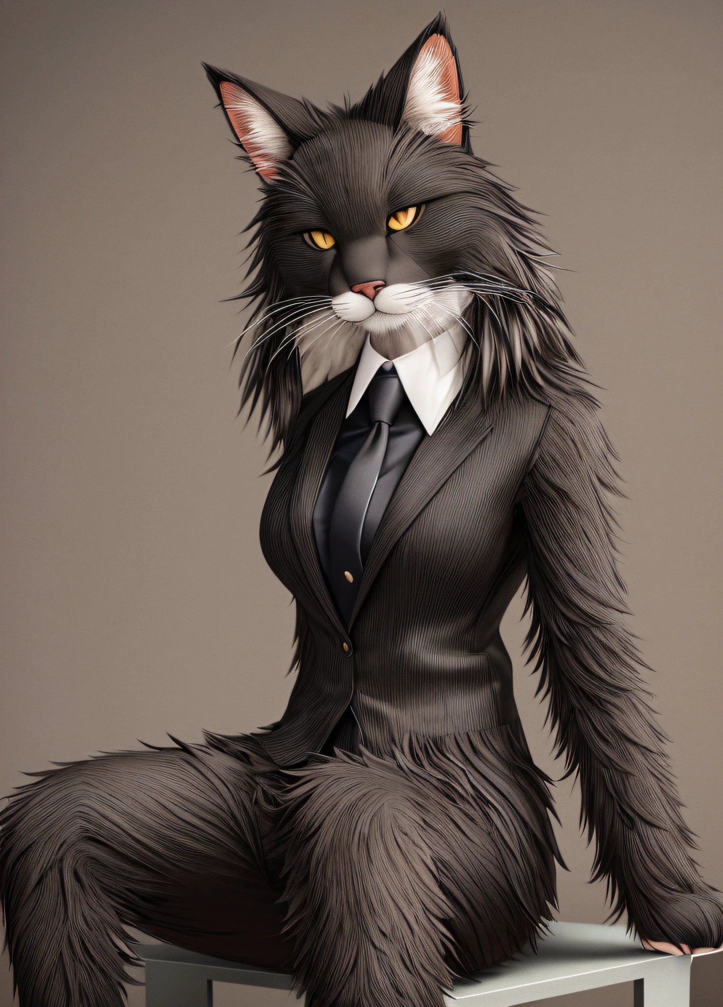 (furry model in 3D of extreme reality), masterpiece quality, ultra-detailed texture, wearing an elegant black suit, sitting on a neutral background, firm composition, precise lighting, sharp focusing, aesthetic minimalism.