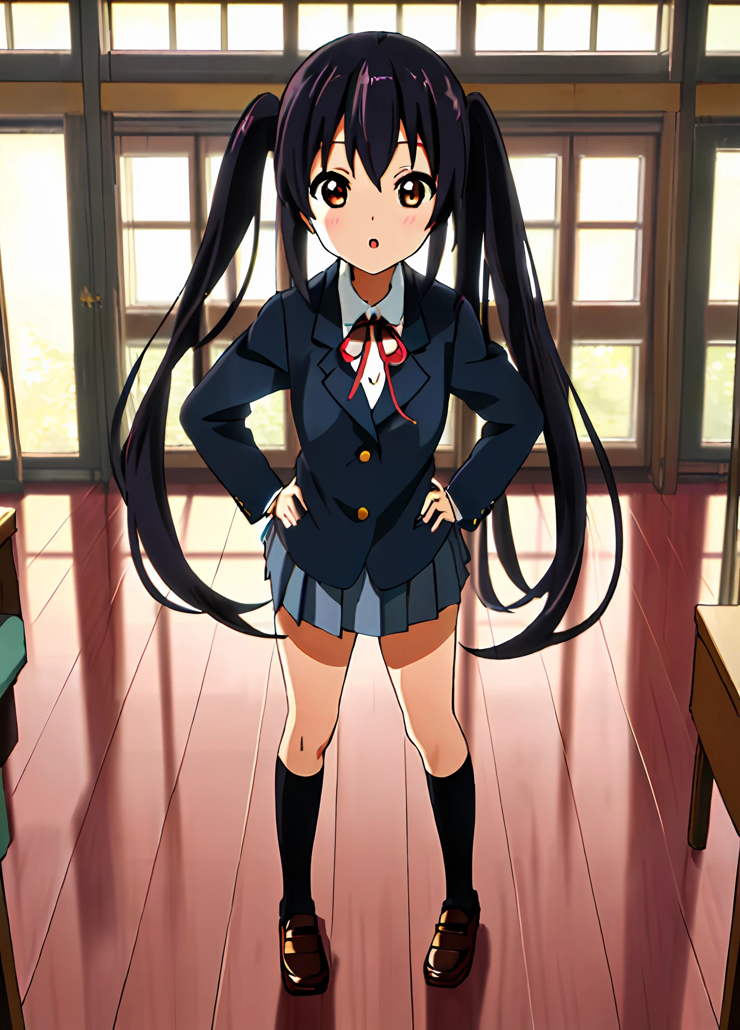 1girl, ((((Masterpiece))), Best Quality, Best Quality, High Detail, Azusa Nakano, 1girl, Sakuragaoka High School Uniform, Musical Instrument, School Uniform, Twin Tails, Long Hair, Black Hair, Brown Eyes, Solo, Red, Dark blue blazer with a thin ribbon of red, Solid white button shirt under blazer, Illustration, Cartoon, Soothing tones, Muted colors, Soft cinematic light, Adobe Lightroom, Photo Lab, HDR, complex and highly detailed, (((depth of field))))). (((Masterpiece))). (((highest quality))).) ((super detail))). (((Illustration))). (((Indoor))). (((hands on hips)))). Breasts,(((room))).dynamic focus.small breasts.