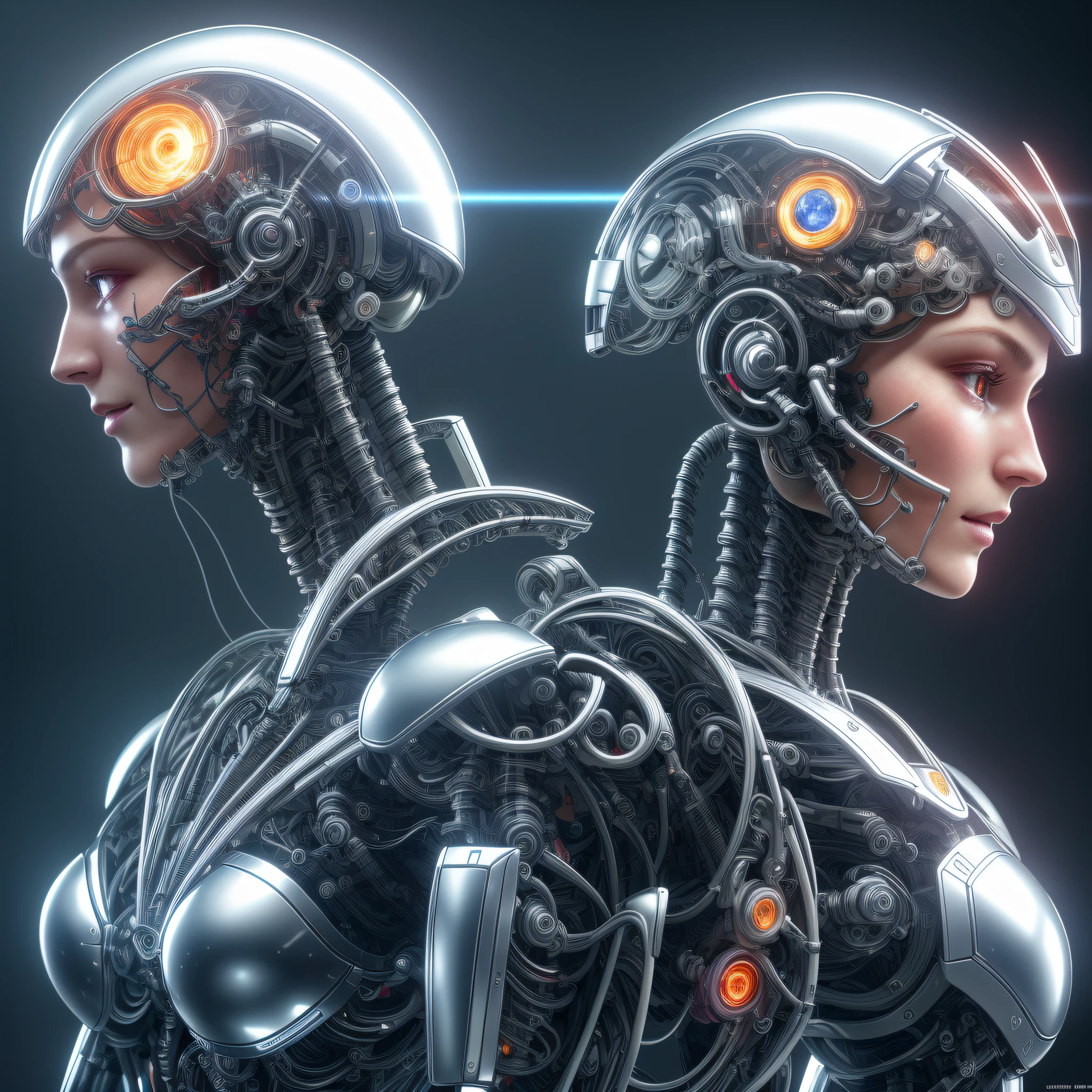 full body ultra detailed complex 3d rendering of a gorgeous porcelain profile android face, cyborg, robotic parts, 150 mm, beautiful soft studio light, rim light, vibrant details, luxurious cyberpunk, lace, hyper-realistic, anatomical, facial muscles, electrical cables, microchip, elegant, beautiful background, octane rendering, HR Giger style, 8k, best quality, masterpiece, illustration, extremely delicate and beautiful, extremely detailed, CG, unit, wallpaper, (realistic, photorealistic: 1.37), amazing, finely detailed, masterpiece, best quality, official art, 8k unit wallpaper CG extremely detailed, absurd, incredibly absurd, robot, silver helmet, full body, sitting