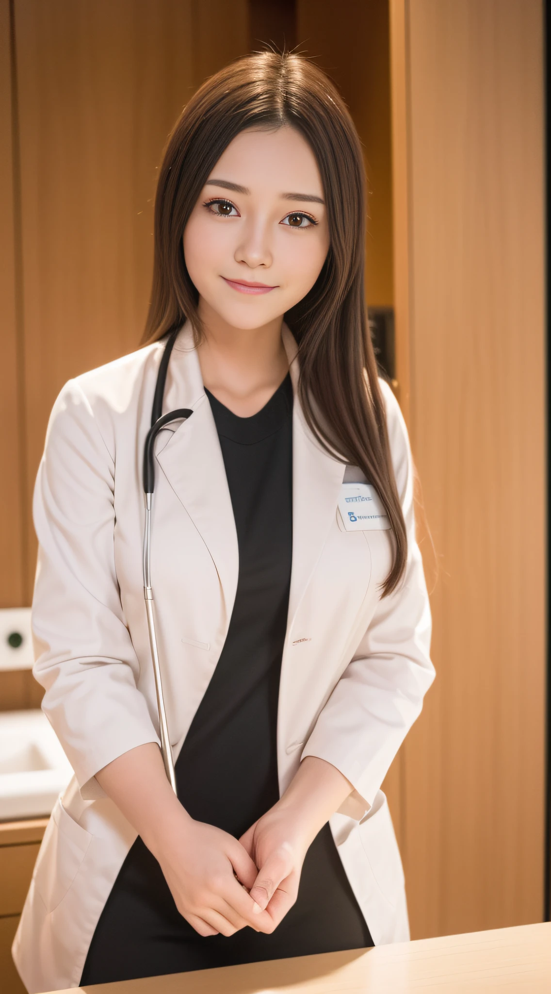(8k, RAW photo, best quality, masterpiece: 1.2), (realistic, realistic: 1.37), ultra-high resolution, photon mapping, teleportation, physically based rendering, 1 girl, (brunet: 1.3), detailed face, detailed eyes, huge breasts, shiny skin, (pureerosface_ v1:1.0), Standing, looking at the audience, (light smile cute: 1.2), (happy), healing cute, (hospital ward: 1.2), (evening: 1.2), (dark theme: 1.5),Doctor's white coat,stethoscope,black stockings,