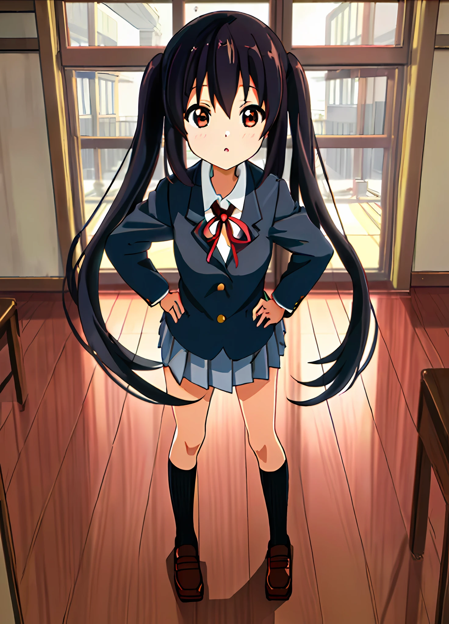 1girl, ((((Masterpiece))), Best Quality, Best Quality, High Detail, Azusa Nakano, 1girl, Sakuragaoka High School Uniform, Musical Instrument, School Uniform, Twin Tails, Long Hair, Black Hair, Brown Eyes, Solo, Red, Dark blue blazer with a thin ribbon of red, Solid white button shirt under blazer, Illustration, Cartoon, Soothing tones, Muted colors, Soft cinematic light, Adobe Lightroom, Photo Lab, HDR, complex and highly detailed, (((depth of field))))). (((Masterpiece))). (((highest quality))).) ((super detail))). (((Illustration))). (((Indoor))). (((hands on hips)))). Breasts,(((room))).dynamic focus.small breasts.