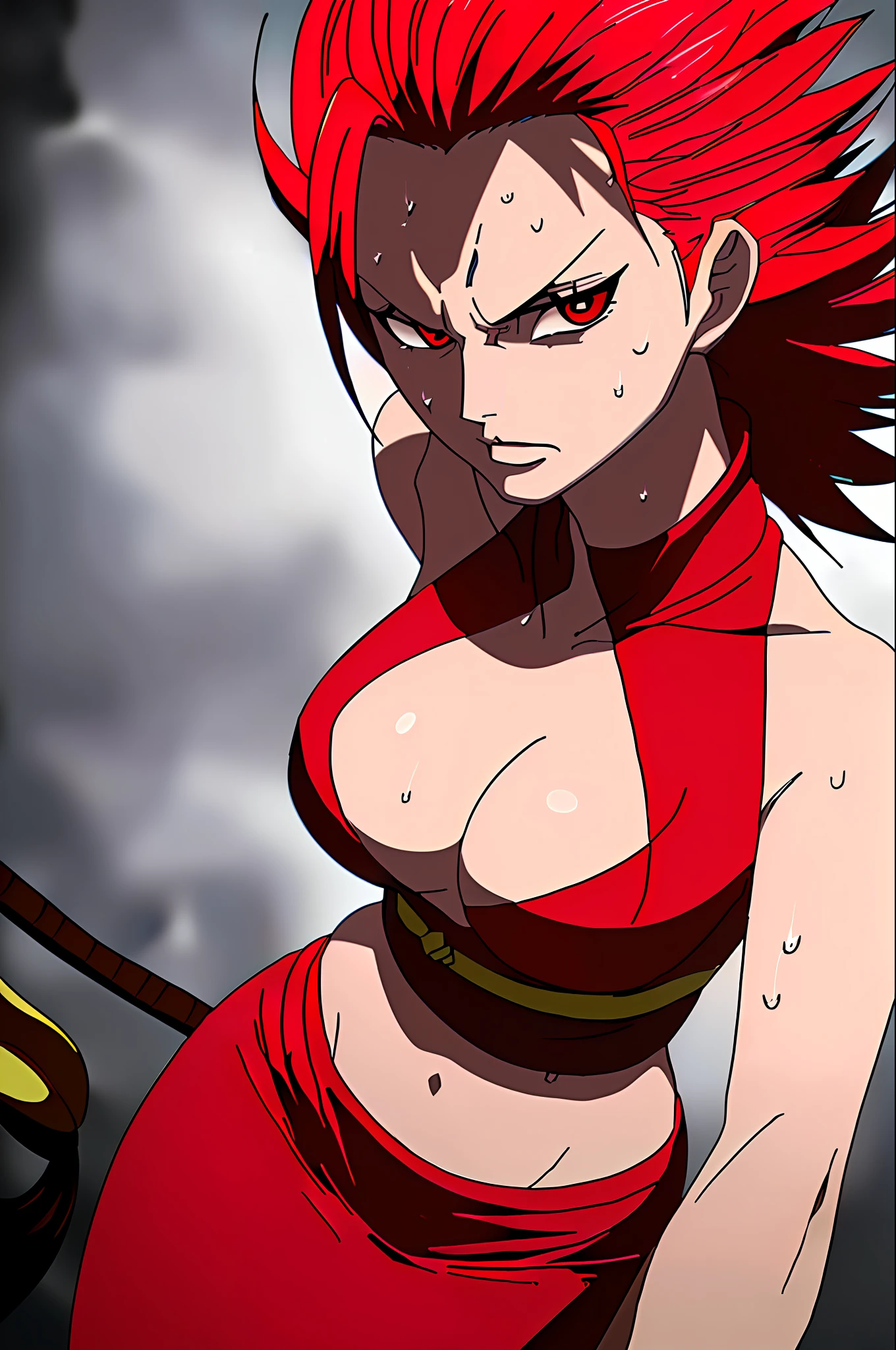Thea 2: Wanostyle Art, A Huntress Killing a Dragon with a Spear, Red Hair, Masterpiece, Best Quality, Realistic, Hyper-Detailed, Skin Shiny, Sweaty, Slender, Small Breasts, , SFW, ECCHI, Sensual, Shoulders Showing, Dynamic Lighting, High Resolution, Sharp Focus, Depth of Field