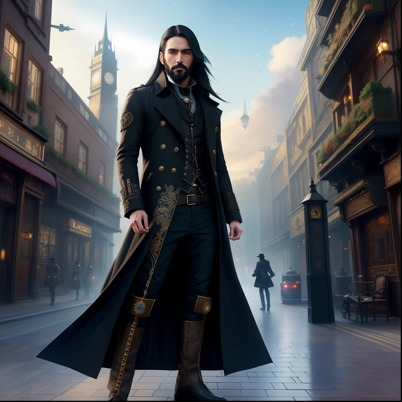 Handsome man with long black hair and black beard in a black trench coat with intricate details in the steampunk world in dynamic pose, empty-handed
steampunk medieval london background , [Asian:Scandinavian:28]
hyper-detailed, cinematic,
Photorealistic, volumetric light and intricate shadow, highly detailed, smooth, sharp focus, super detailed