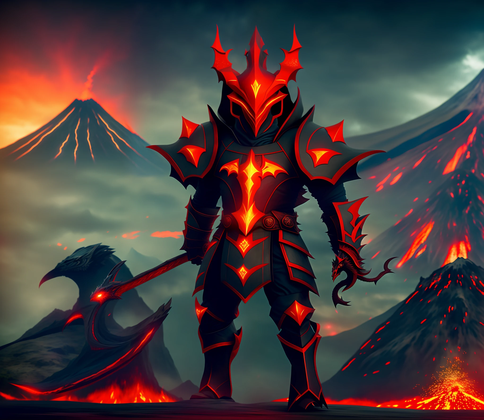 dragon knight, human face, red eyes, imposing, with background volcanoes, black and red armor, best quality, 8k, masterpiece:1.3