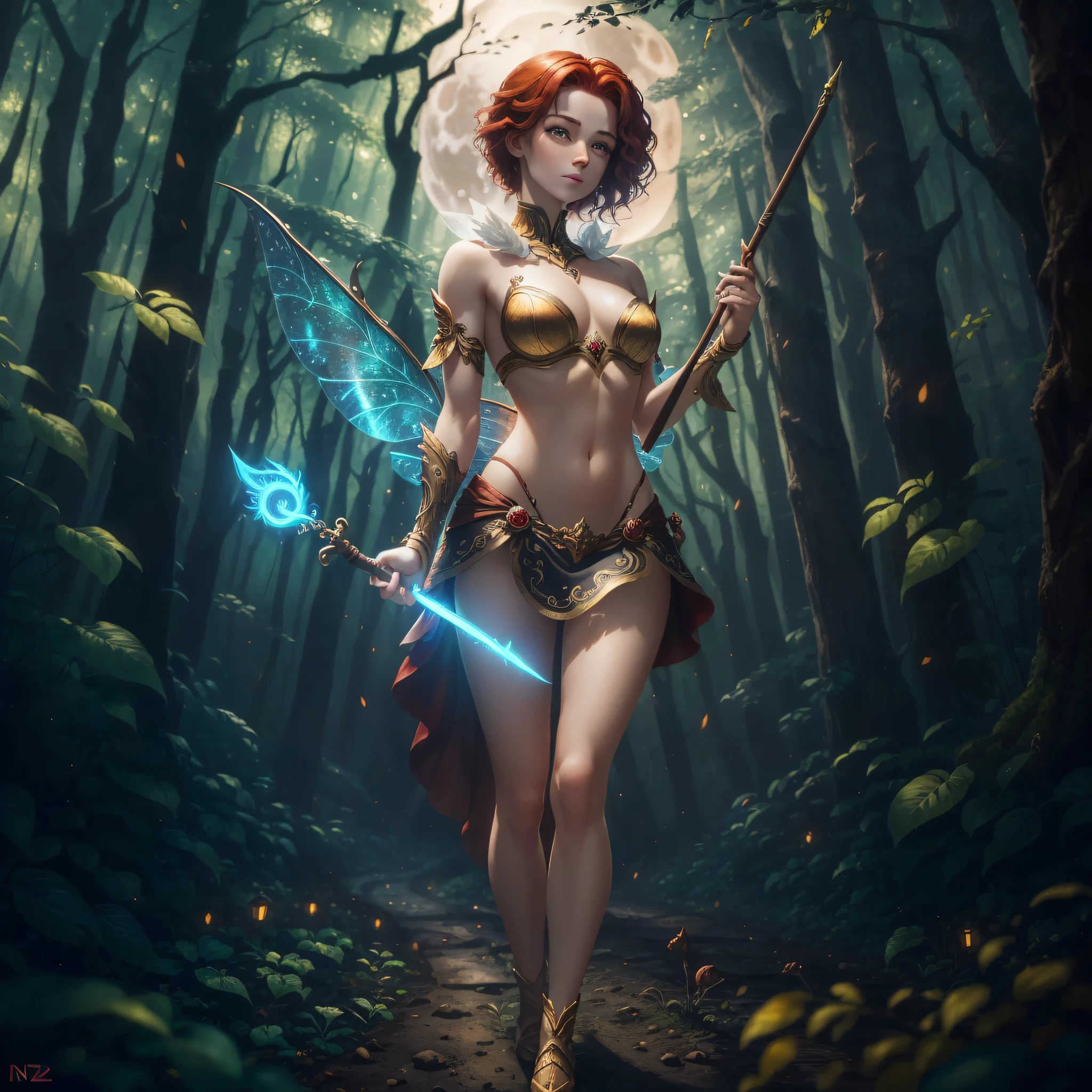 (Masterpiece), (Best quality), fairy, (short red hair), ((full body)), bright yellow eye, holding a wooden wand, low, forest scenery, nocturnal, apparent full moon, animals in the horinze, creek in the background, more real than life, attractive, perfect. (masterpiece: 1.1), (best quality: 1.1), (anatomically correct: 1.1), (perfect hands: 1.1), (Skin detail), (Perfect eyes), (Perfect nose), (Realistic), Sharp focus, (8k), (4k),, Detailed background, cinematic lighting, 8k