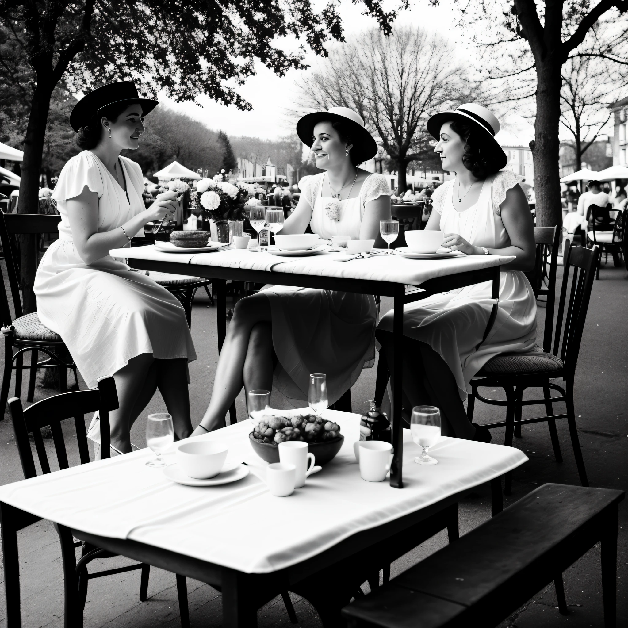 black and white, aged photo of two beautiful elegant young women with dresses and hats, sitting at a retro table outside a bistro in France, breads, tea, cookies, plates, cups, flowers, napkins, handbags, 1930s french street background, daytime sky, afternoon, bucolic, spring atmosphere, trees, people, old cars, nostalgia, body, highly detailed skin,  highly detailed texture, skin pores, natural light, depth of field, low view, 8k uhd, Dslr, light lighting, maximum quality, dramatic light, high contrast, old, day, dense film grain, Fujifilm XT3