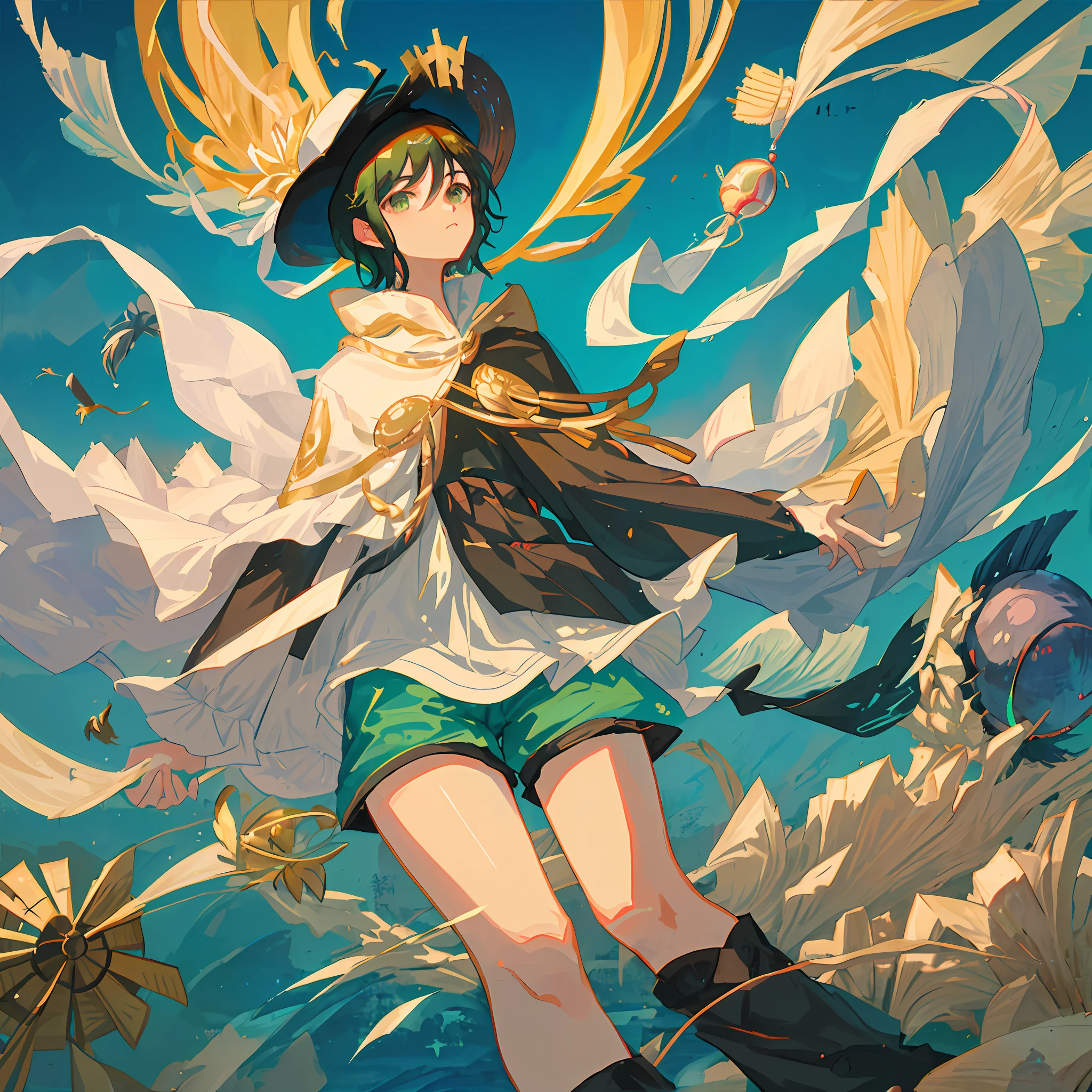 The black-haired male pupil, the boy with a differential broken lid, short-sleeved shorts, wearing a long cape, a straw hat with two streamers and countless wind chimes, and a green flute sat on the back of a huge fish made of water, leading more fish behind him