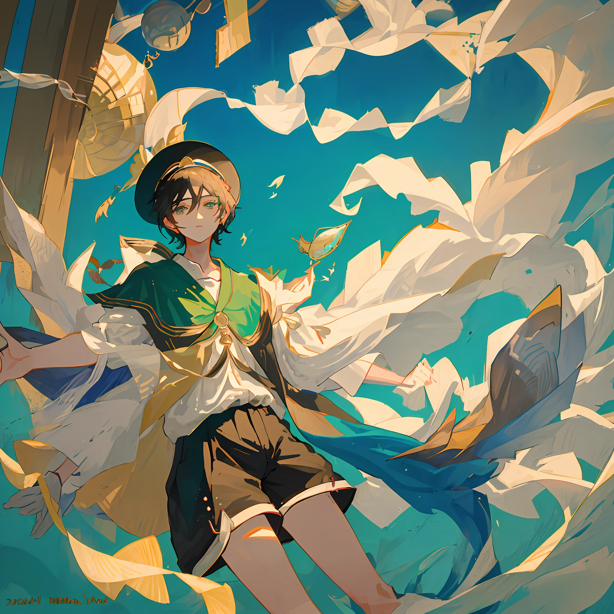 The black-haired male pupil, the boy with a differential broken lid, short-sleeved shorts, wearing a long cape, a straw hat with two streamers and countless wind chimes, and a green flute sat on the back of a huge fish made of water, leading more fish behind him