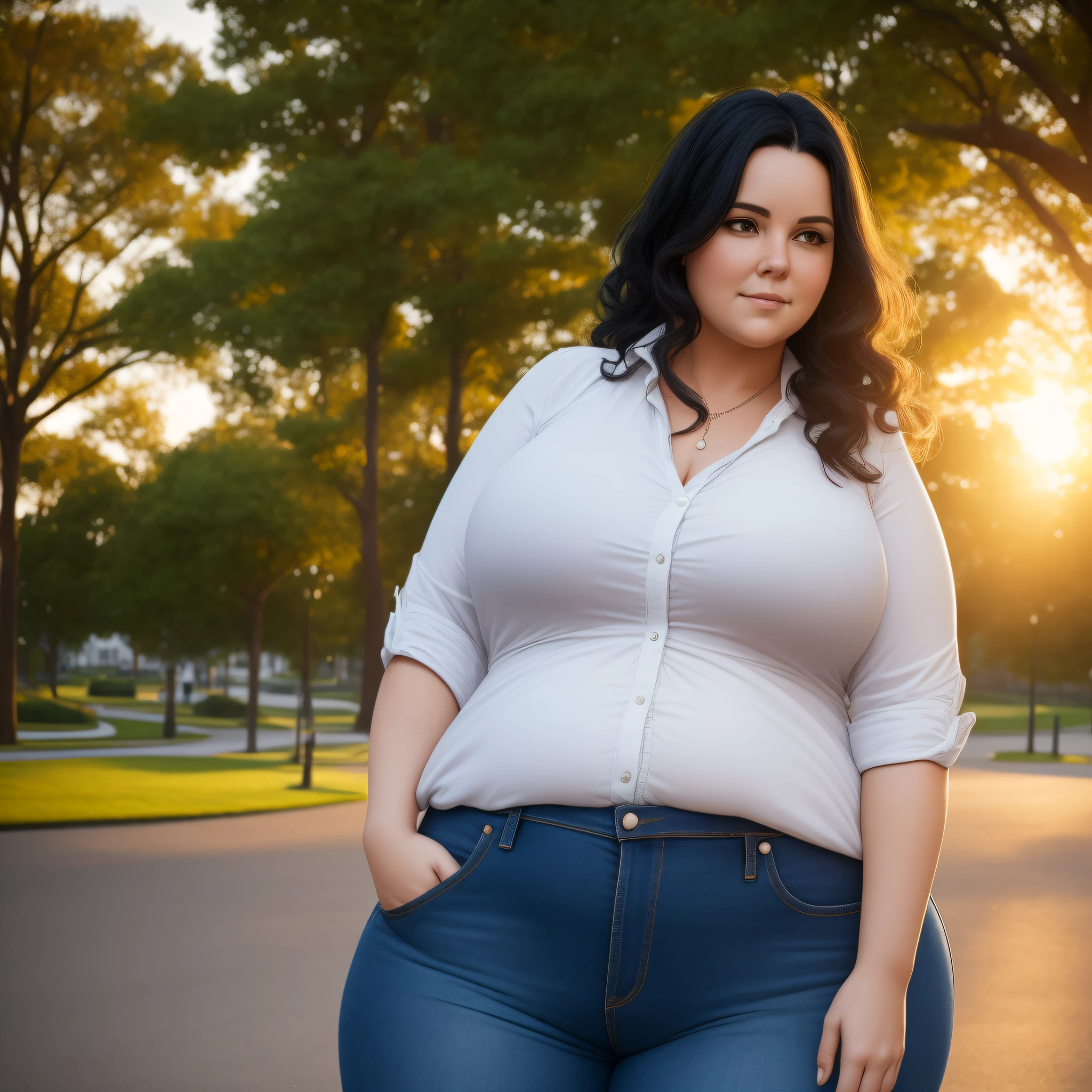 Woman, white, fat, 90 kilos, plus size, 40 years old, wavy black hair, in a late afternoon, in the park at sunset, in jeans and red blouse, https://i.imgur.com/um0nZbg.jpg