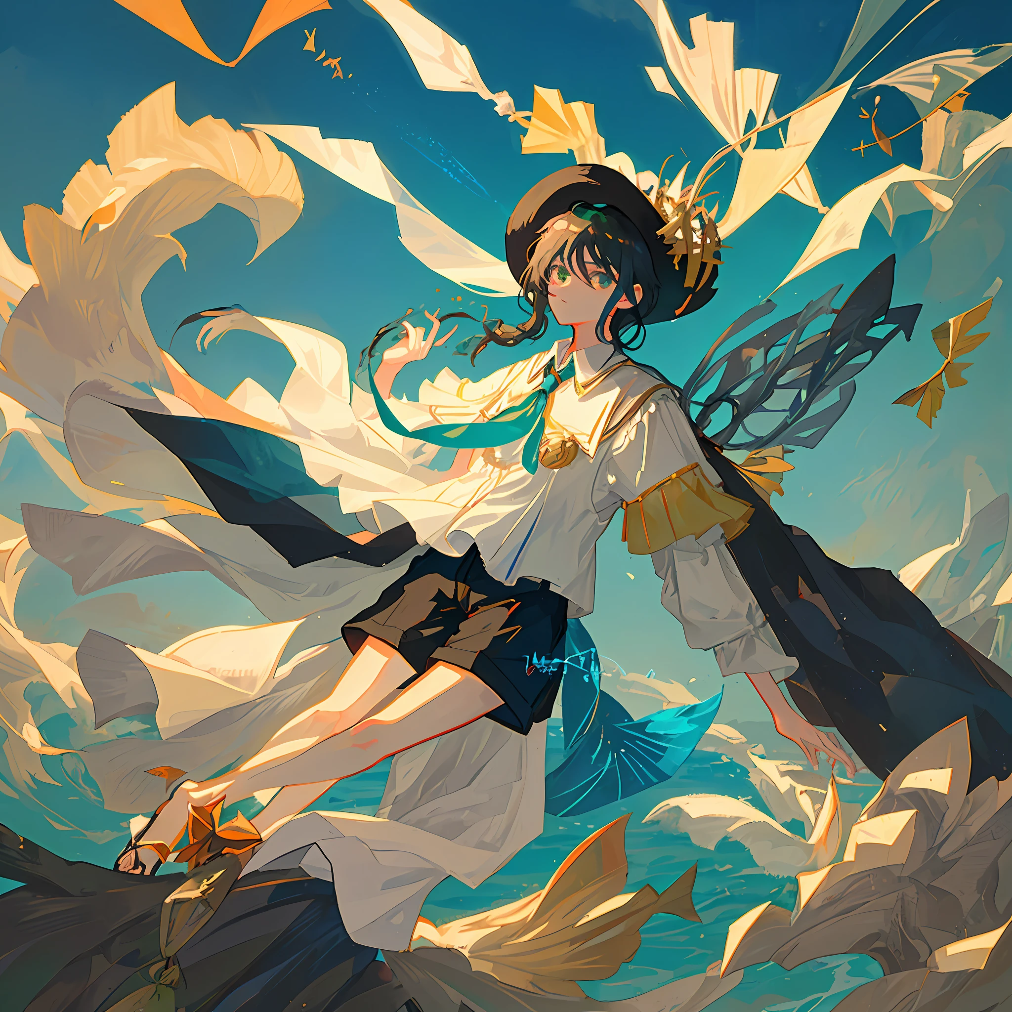 The black-haired male pupil, the boy with a differential broken lid, short-sleeved shorts, wearing a long cape, a straw hat with two streamers and countless wind chimes, and a green flute sat on the back of a huge fish made of water, leading more fish behind him