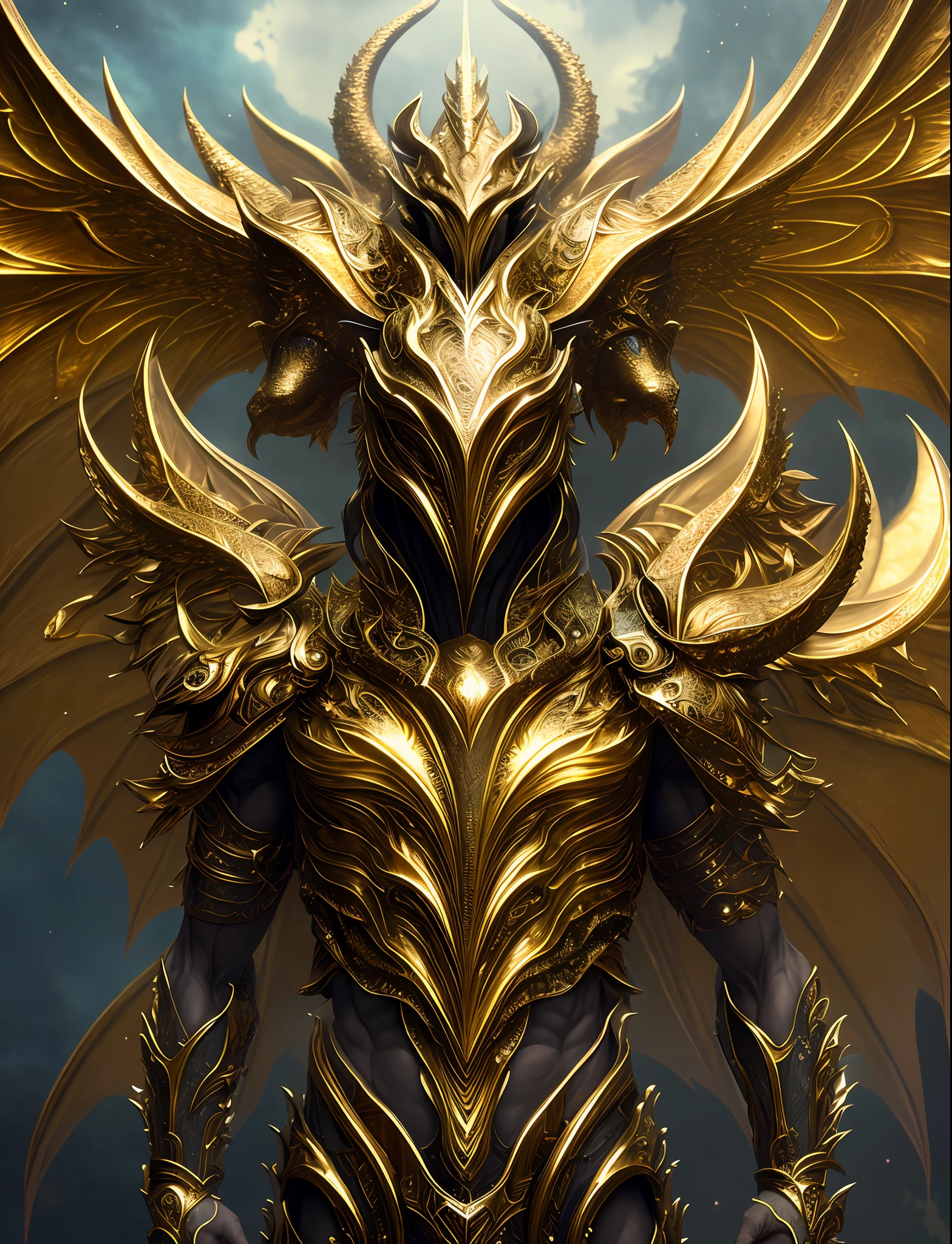 A beautiful symmetrical muscular full body wearing a dragon armor with wings made of golden ornaments and gems, by alex gray and android jones , Karol Bak, Ayami Kojima, Amano , concept art, character design, fantasy,3D, 8k resolution