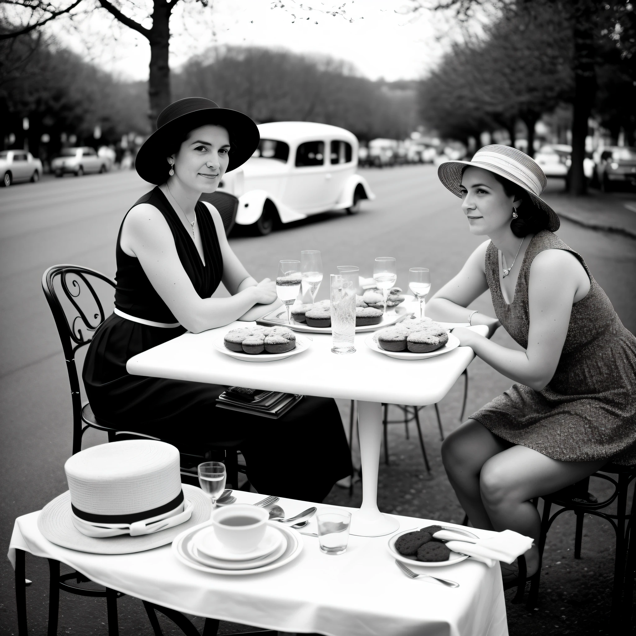 black and white, aged photo of two beautiful elegant young women with dresses and hats, sitting at a retro table outside a bistro in France, breads, tea, cookies, plates, cups, flowers, napkins, handbags, 1930s french street background, daytime sky, afternoon, bucolic, spring atmosphere, trees, people, old cars, nostalgia, body, highly detailed skin,  highly detailed texture, skin pores, natural light, depth of field, low view, 8k uhd, Dslr, light lighting, maximum quality, dramatic light, high contrast, antique, stains, tears, cracks, folds, wear, day, (film grain: 1.8), maximum quality, Fujifilm XT3
