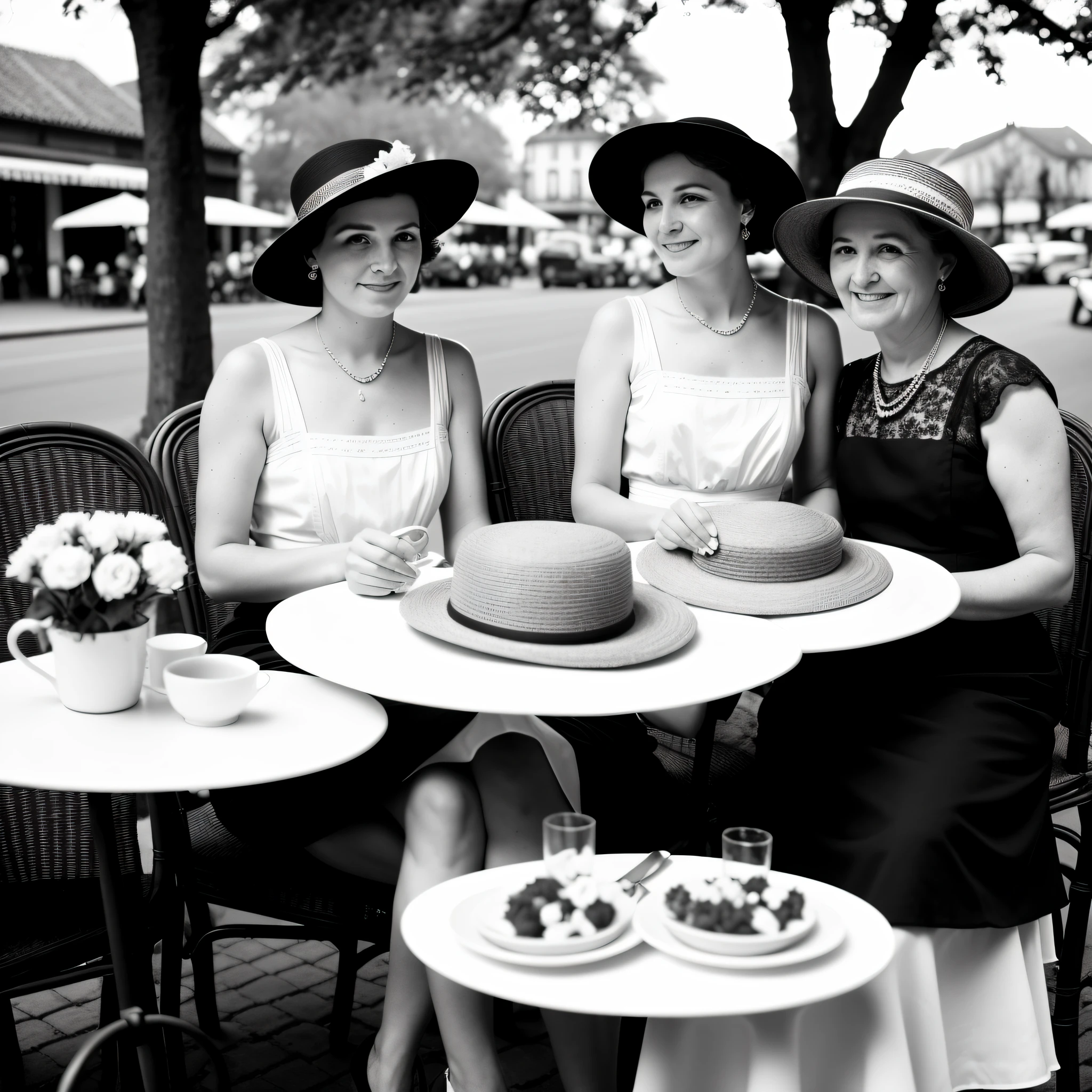 black and white, aged photo of two beautiful elegant young women with dresses and hats, sitting at a retro table outside a bistro in France, breads, tea, cookies, plates, cups, flowers, napkins, handbags, 1930s french street background, daytime sky, afternoon, bucolic, spring atmosphere, trees, people, old cars, nostalgia, body, highly detailed skin, highly detailed texture, skin pores, natural light, depth of field, low view, 8k uhd, Dslr, light lighting, maximum quality, dramatic light, high contrast, old, day, dense film grain, Fujifilm XT3