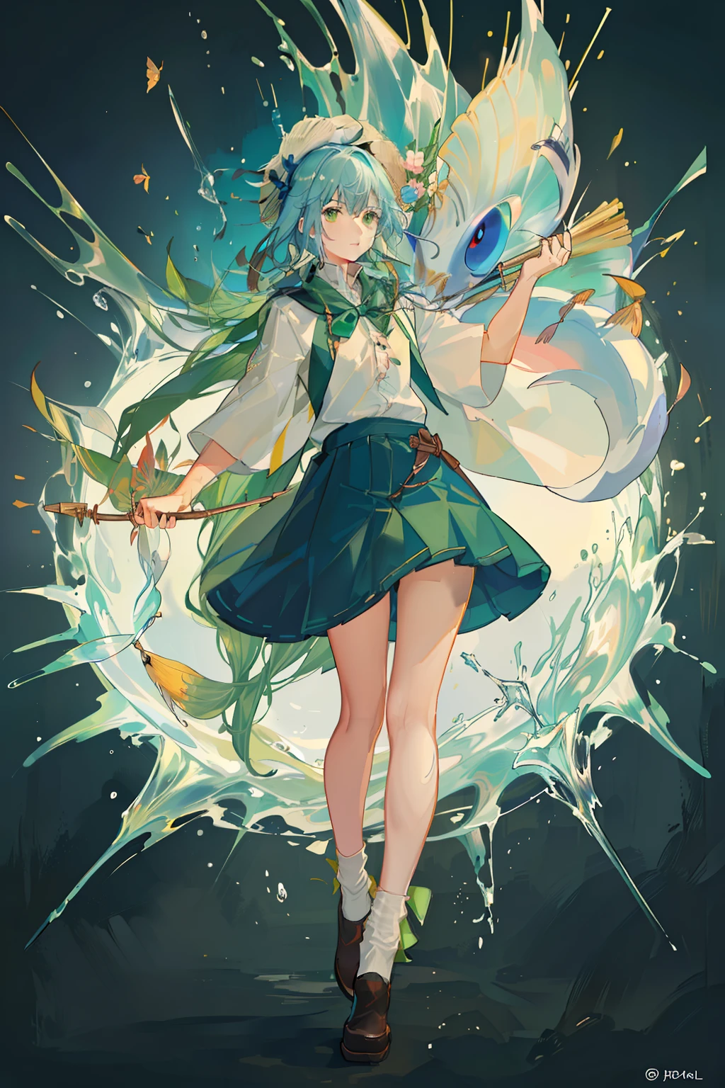 Black-haired male pupil, boy, short-sleeved shorts, wearing a long cape, a straw hat with two streamers and countless wind chimes, blowing a green flute on the back of a huge fish made of water, leading more fish behind him