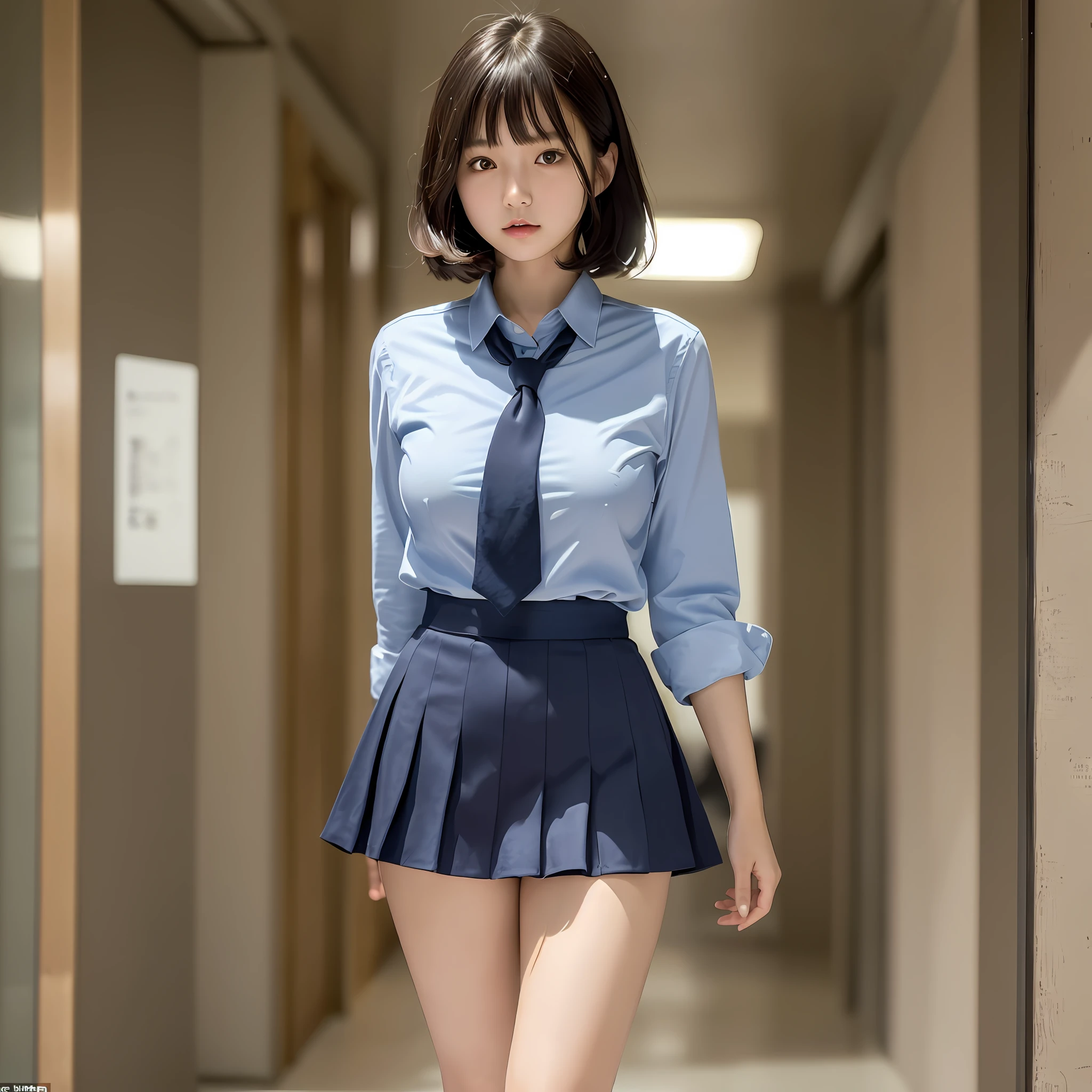 ((Masterpiece)), (Best Quality), (Details), (1girl), Teenage Young Japan Girl, Gravure Idol, Very Beautiful Skin, Glossy Skin, Just Right Size Breasts, Perfect Breasts, Perfect Figure, Just Right Thin Legs, Short Hair, Black Hair, Brown Glistening Eyes, Natural Clothing, Skin Transparency, Uniform, Navy Blue Skirt, Light Blue Shirt, Navy Blue Tie, Urban