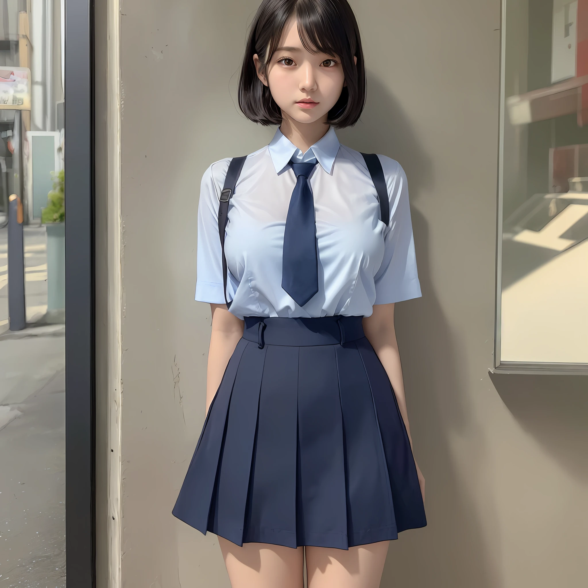 ((Masterpiece)), (Best Quality), (Details), (1girl), Teenage Young Japan Girl, Gravure Idol, Very Beautiful Skin, Glossy Skin, Just Right Size Breasts, Perfect Breasts, Perfect Figure, Just Right Thin Legs, Short Hair, Black Hair, Brown Glistening Eyes, Natural Clothing, Skin Transparency, Uniform, Navy Blue Skirt, Light Blue Shirt, Navy Blue Tie, Urban