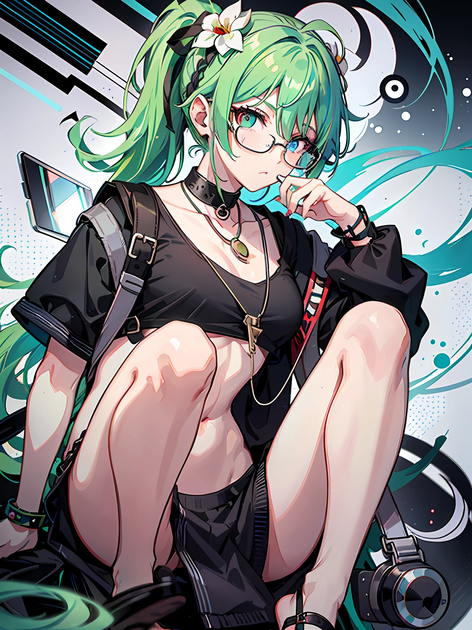 One with glasses, green hair, large ponytail, heterochromia, blue pupil of left eye, red pupil of right eye, blue left eye, red right eye, angel wings, head ring, white head flower, casual wear, black backpack strap, neck strap, bare foot, barefoot, single, ankle ring, leg ring, flat chest, tomboy, big ass