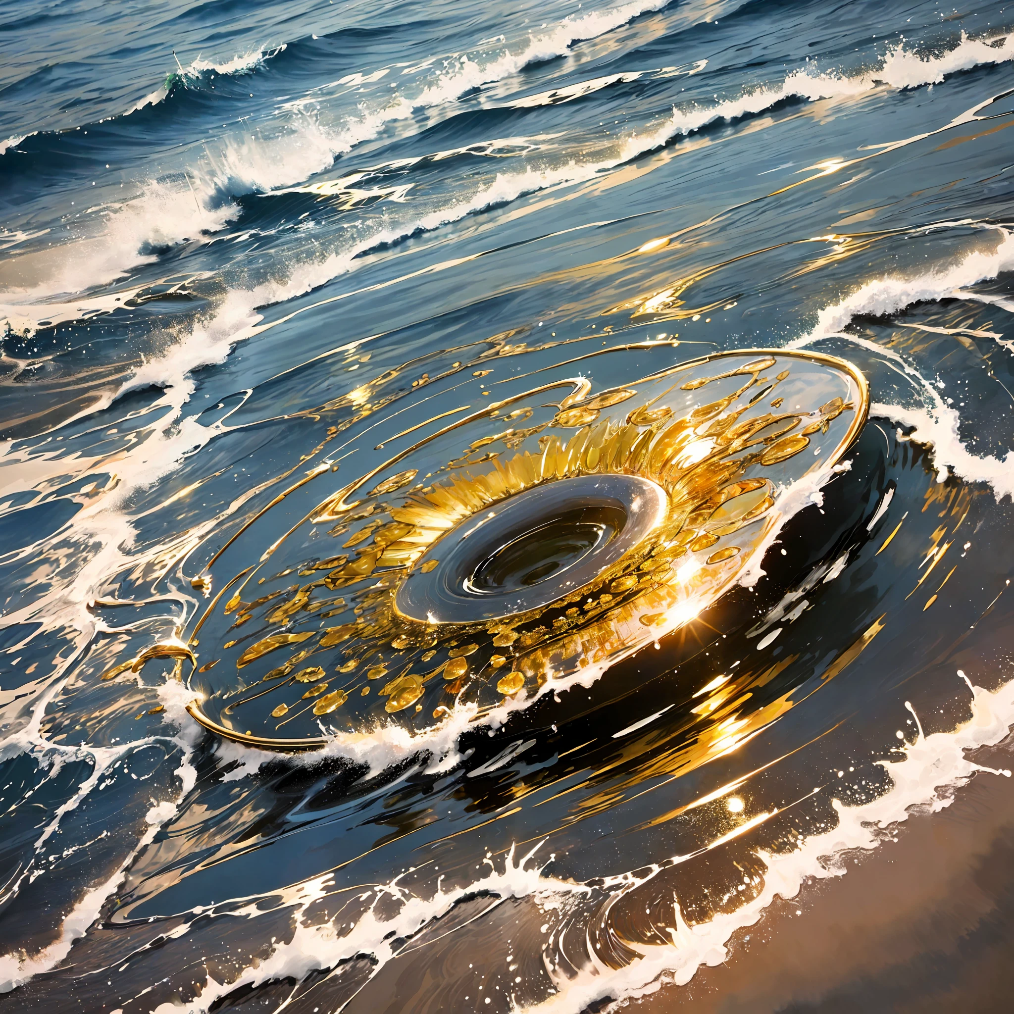 a single droplet of liquid gold falling into a golden ocean, gentle ripples in the surface, beautiful, sublime