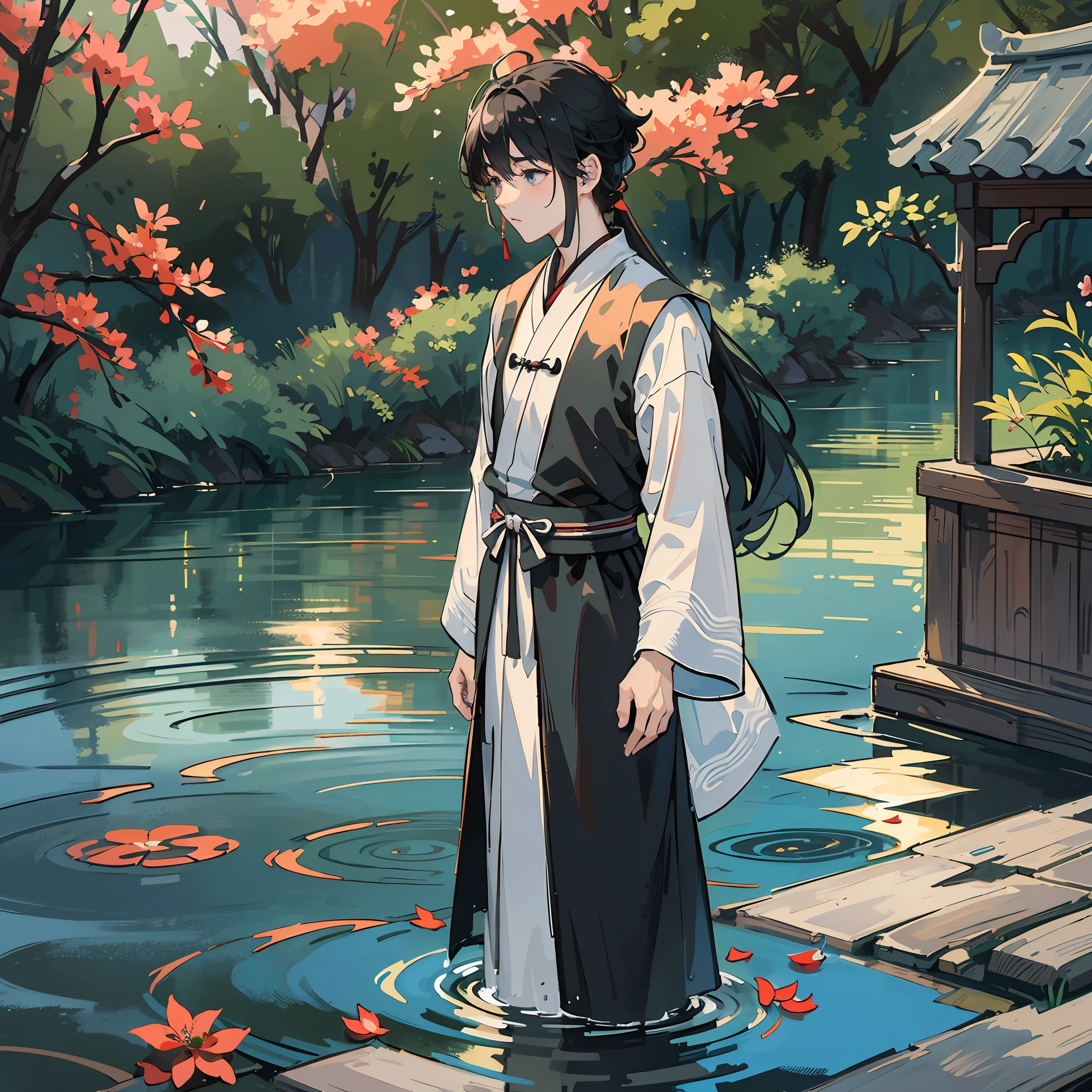 Two-dimensional, ancient style, Chinese style, spring, boy, alone, scholar, literature and art, loss, night moonlight, water ripples, outdoor scenery, front, wide angle lens, walk alone, black hair, white hanfu, handheld paper fan, best quality, masterpiece, rendering, 8K, high resolution --auto --s2