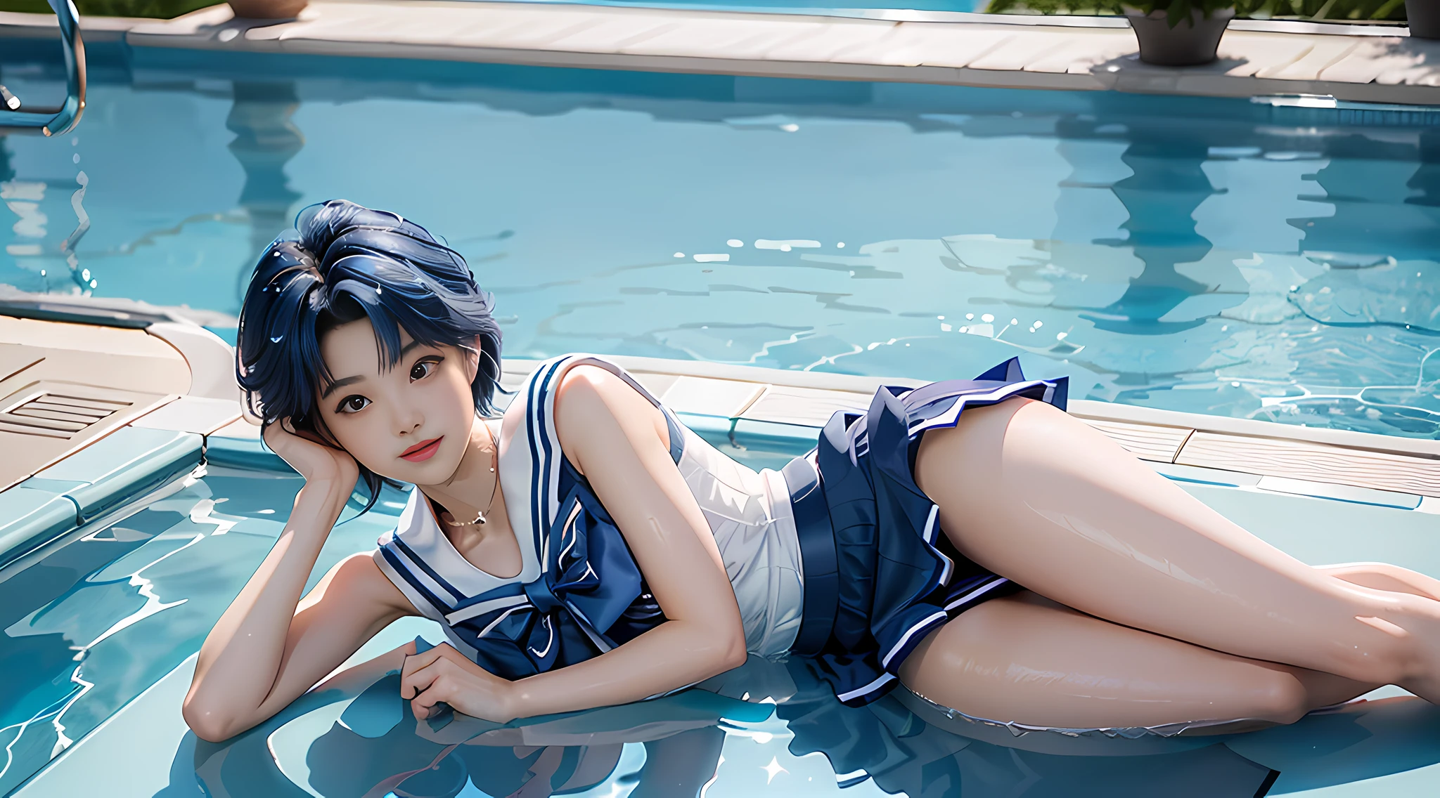 Best Quality, Masterpiece, Ultra High Resolution, (Realism: 1.4), Original Photo, 1girl, (Sailor Moon: 2.1) ((Ami Mizuno / Sailor Crystal, Sailor Mercury)), Charming Smile, Short Hair, Short Blue Hair, Vibrant Blue Eyes, Short Skirt, Looking at the Viewer, Pool in the background, Dynamic Pose