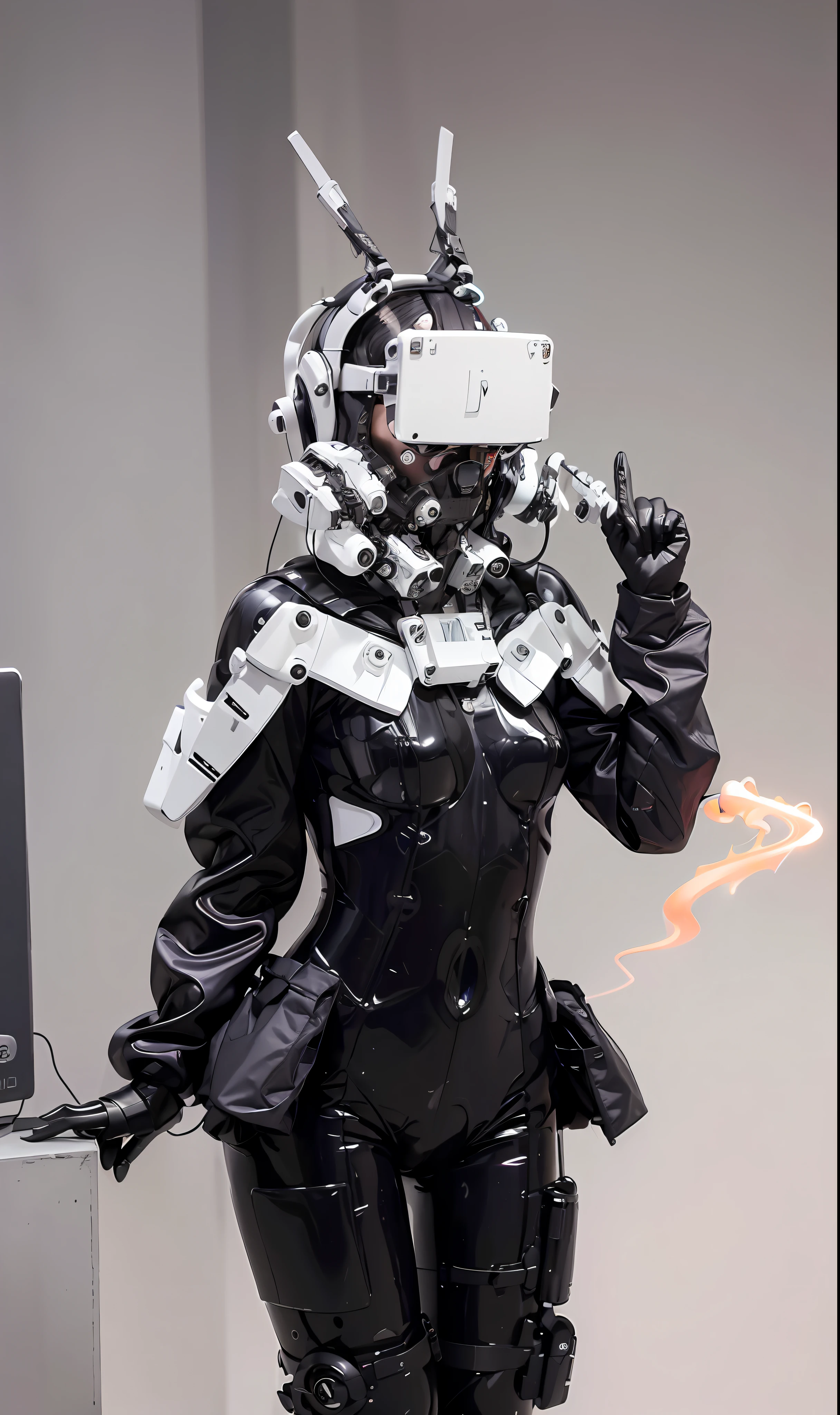 (masterpiece, side lighting), realistic, 1woman black dress, ((with a full white VR cover - techpunk mask with antenna designed)), (with jacket), (fluorescent orange hair), colorful smoke fills the surrounding area, in office, happy, pinks, full body