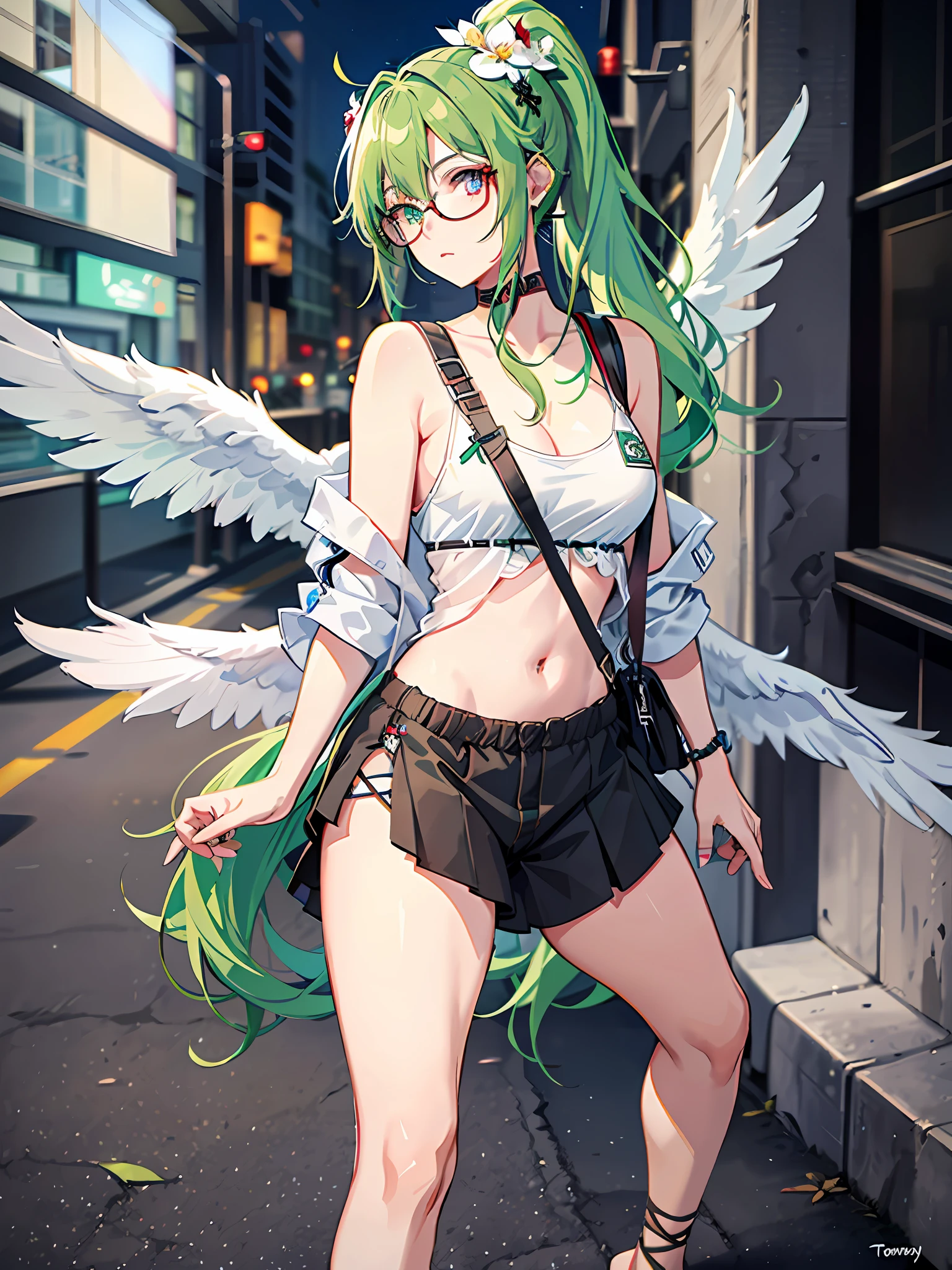 One with glasses, green hair, large ponytail, heterochromia, blue pupil of left eye, red pupil of right eye, blue left eye, red right eye, angel wings, head ring, white head flower, casual wear, black backpack strap, neck strap, bare foot, barefoot, single, ankle ring, leg ring, flat chest, tomboy, big ass