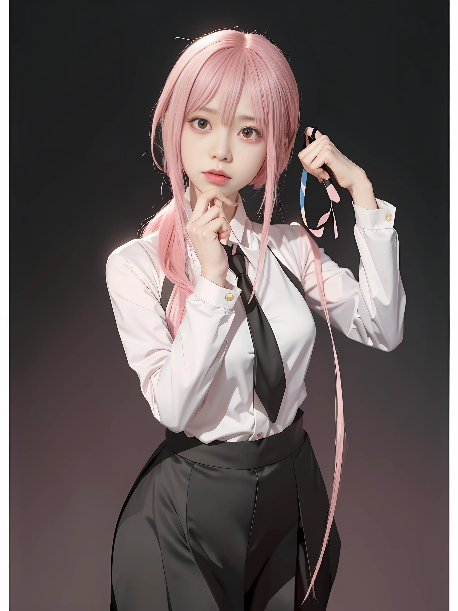 anime girl with pink hair and black tie holding a phone, zero two, gapmoe yandere, yandere. tall, ( ( ( yoshinari yoh ) ) ), seductive anime girl, anime moe artstyle, (anime girl), tsukasa dokite, haruno sakura, female anime character, inspired by Munakata Shikō, with index finger, look at viewers,