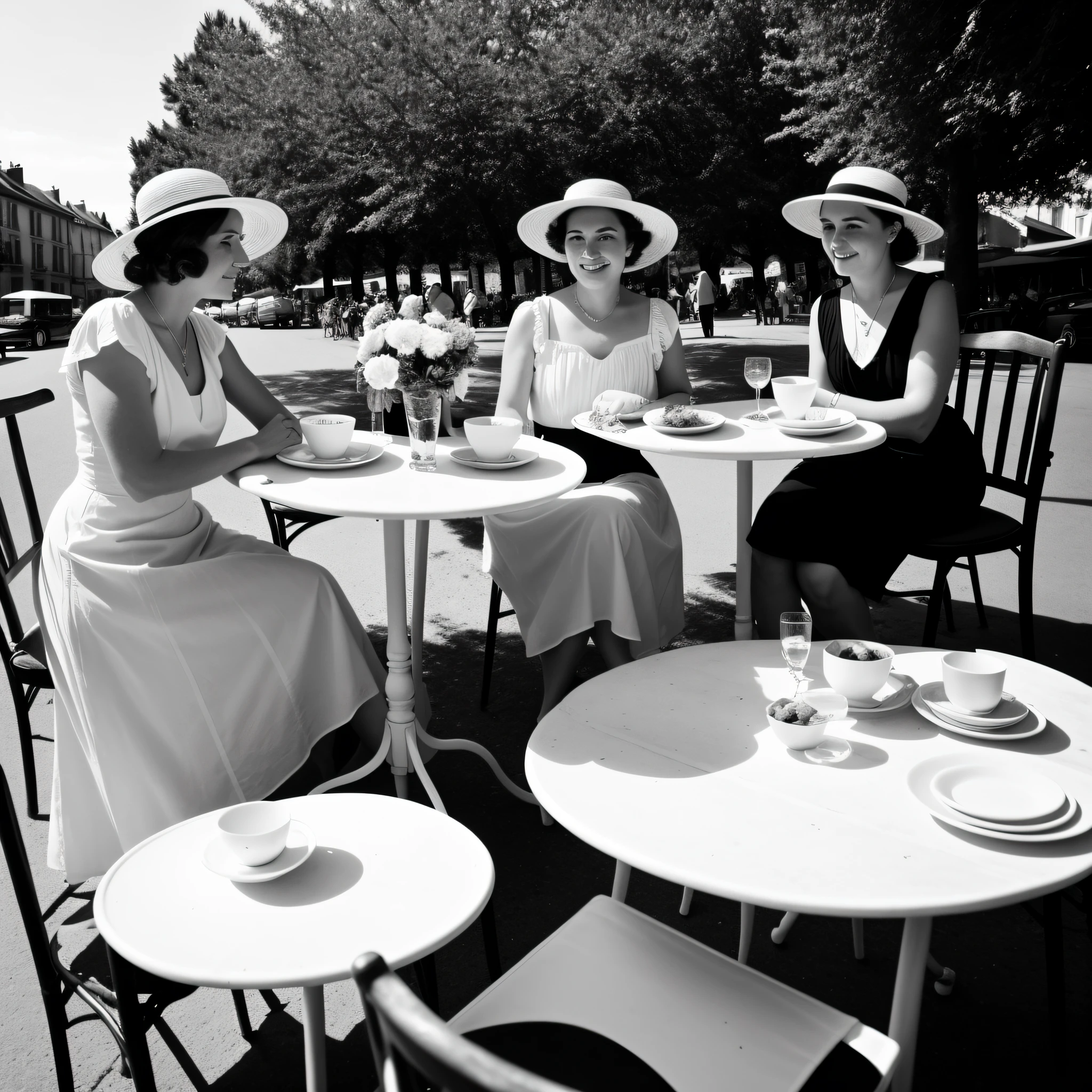 black and white, aged photo of two beautiful elegant young women with dresses and hats, sitting at a retro table outside a bistro in France, breads, tea, cookies, plates, cups, flowers, napkins, handbags, 1930s french street background, daytime sky, afternoon, bucolic, spring atmosphere, trees, people, old cars, nostalgia, body, highly detailed skin,  highly detailed texture, skin pores, natural light, depth of field, low view, 8k uhd, Dslr, light lighting, maximum quality, dramatic light, high contrast, old, day, dense film grain, Fujifilm XT3