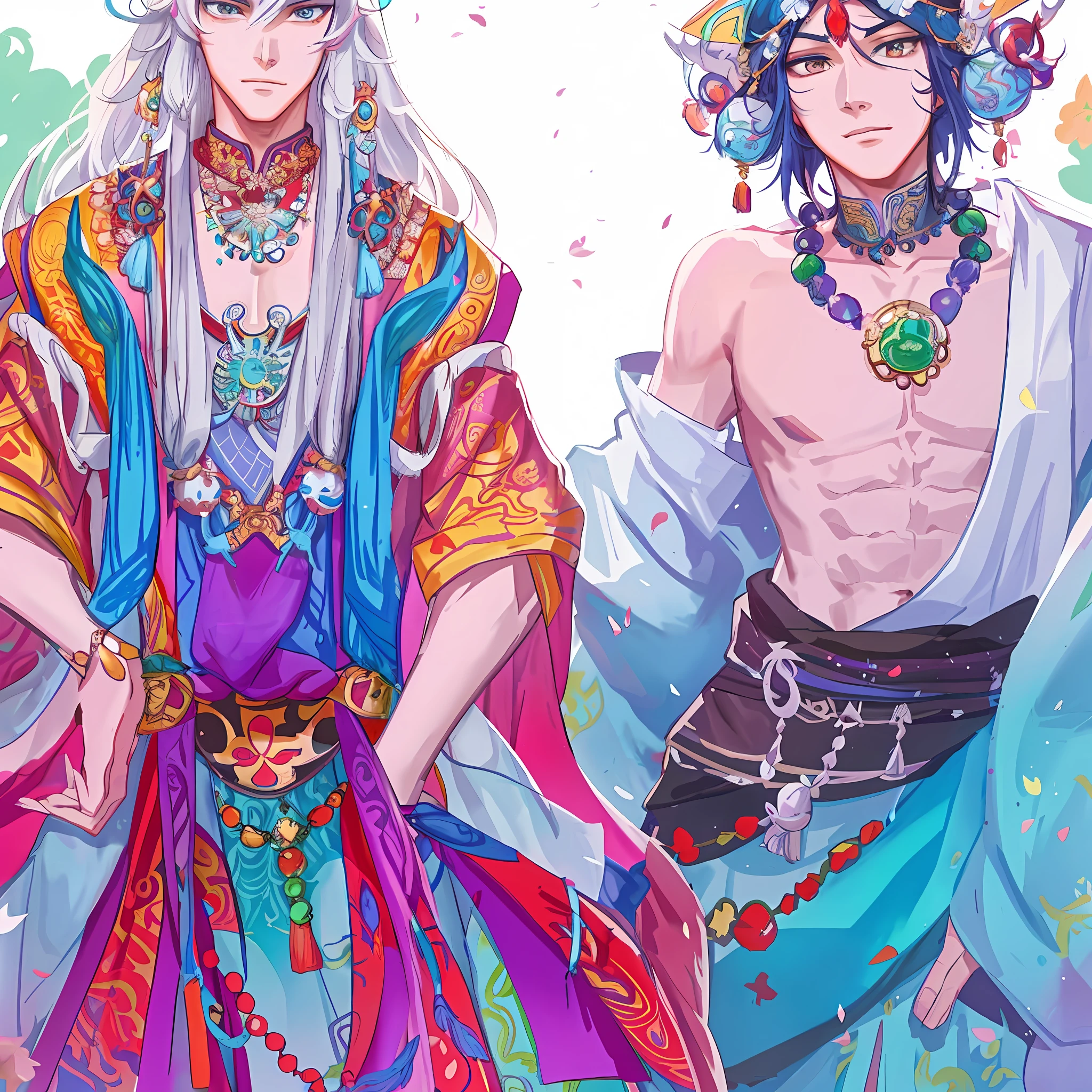 two anime characters dressed in colorful clothing and headdress, alphonse mucha and rossdraws, anime in fantasy style, korean art nouveau anime, Envision a serene village filled with individuals who boast hair in a variety of striking and vivid colors. Their attire marries the fluid elegance of loose Chinese robes, decorated with intricate designs, and the ornate beauty of Hindu jewelry. Each piece of their outfit is a testament to their vibrant, richly blended culture. handsome, good-looking, sexy, muscular, elegant, bare chest, highly detailed exquisite fanart, onmyoji detailed art, detailed fanart, anime fantasy illustration, yiqiang and shurakrgt, nixeu and sakimichan, jazza and rossdraws, official fanart