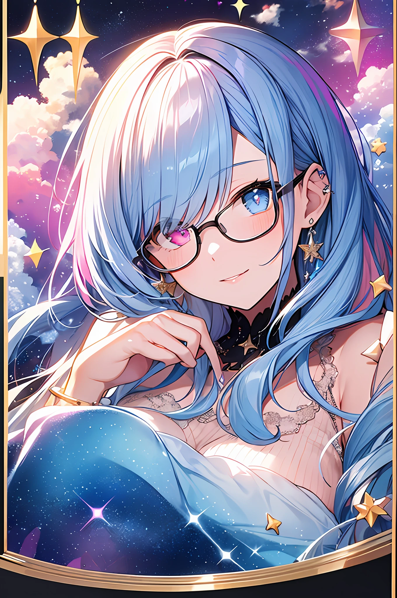 (Masterpiece, Best Quality, Best Quality, Watercolor (Medium), Official Art, Beautiful and Aesthetic: 1.2), (1 Girl: 1.3), (Fractal Art: 1.3), Full Body, Star-shaped Pupil, Watching Viewer, Pattern, ((iridescent hair, colorful hair, half blue and half pink hair: 1.2)), water, liquid, clouds, colorful, starry sky, stars, smile, glasses, close-up, heterochromia, (Colorful: 1.5)