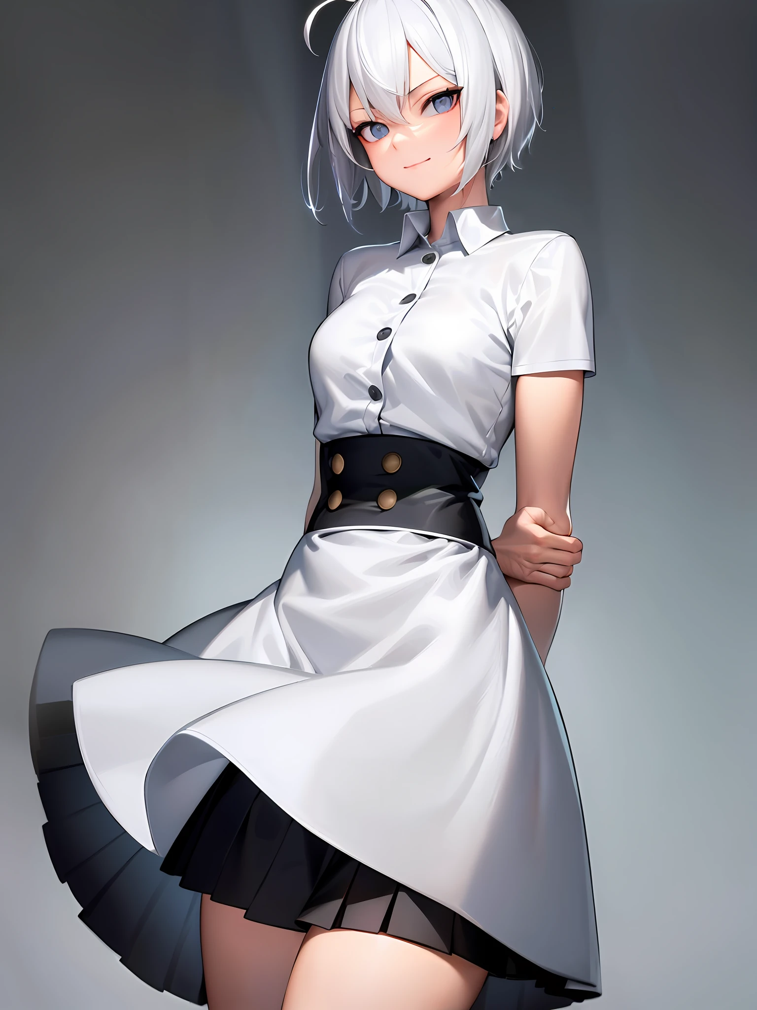 lasterk, upper body, (arms behind back:1.3), ((masterpiece, best quality)), (1girl), (solo), (female focus), (ahoge, white hair, short hair), black eyes, light smile, ((white shirt), (buttoned shirt)), ((black skirt), (short skirt)), standing, white background, arms behind back,