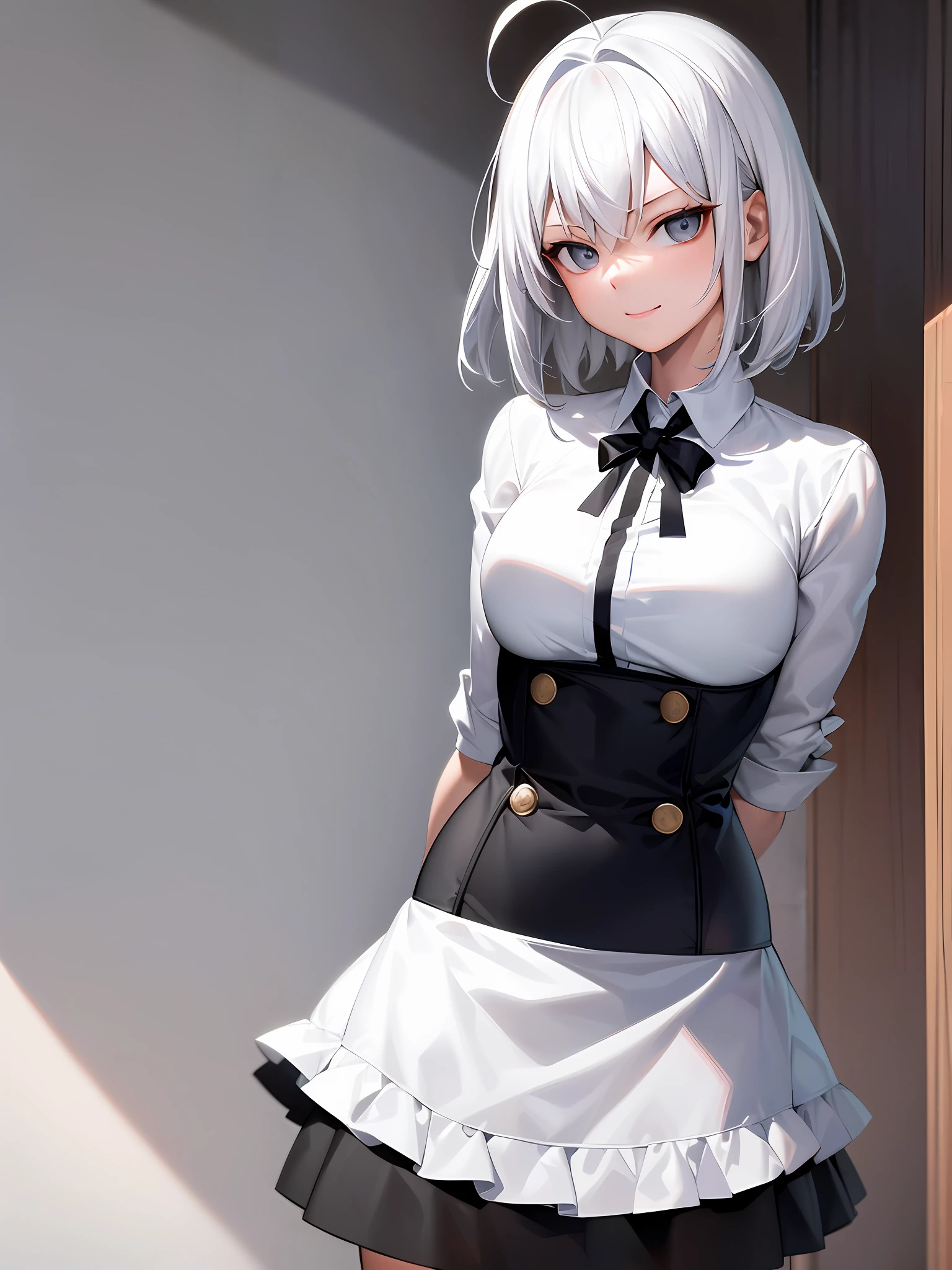 lasterk, upper body, (arms behind back:1.3), ((masterpiece, best quality)), (1girl), (solo), (female focus), (ahoge, white hair, short hair), black eyes, light smile, ((white shirt), (buttoned shirt)), ((black skirt), (short skirt)), standing, white background, arms behind back,