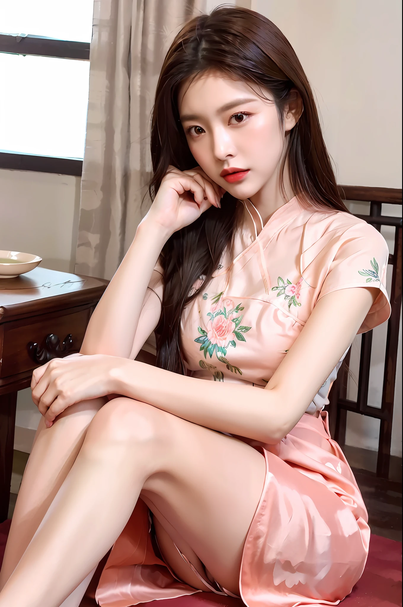 Gentle and charming Chinese beautiful woman, upper body photo, exquisite and sexy collarbone, charming oval face, double eyelids, smart peach blossom eyes, pink lips, small nose, bare shoulders, focused face, face close-up, ultra-high-definition, Super details, elegant standing, lace embroidered high-waisted skirt, lace flower hollow design, meticulous workmanship, full of big-name style, the tight skirt is perfectly wrapped, so that the natural and smooth body lines are fully displayed.