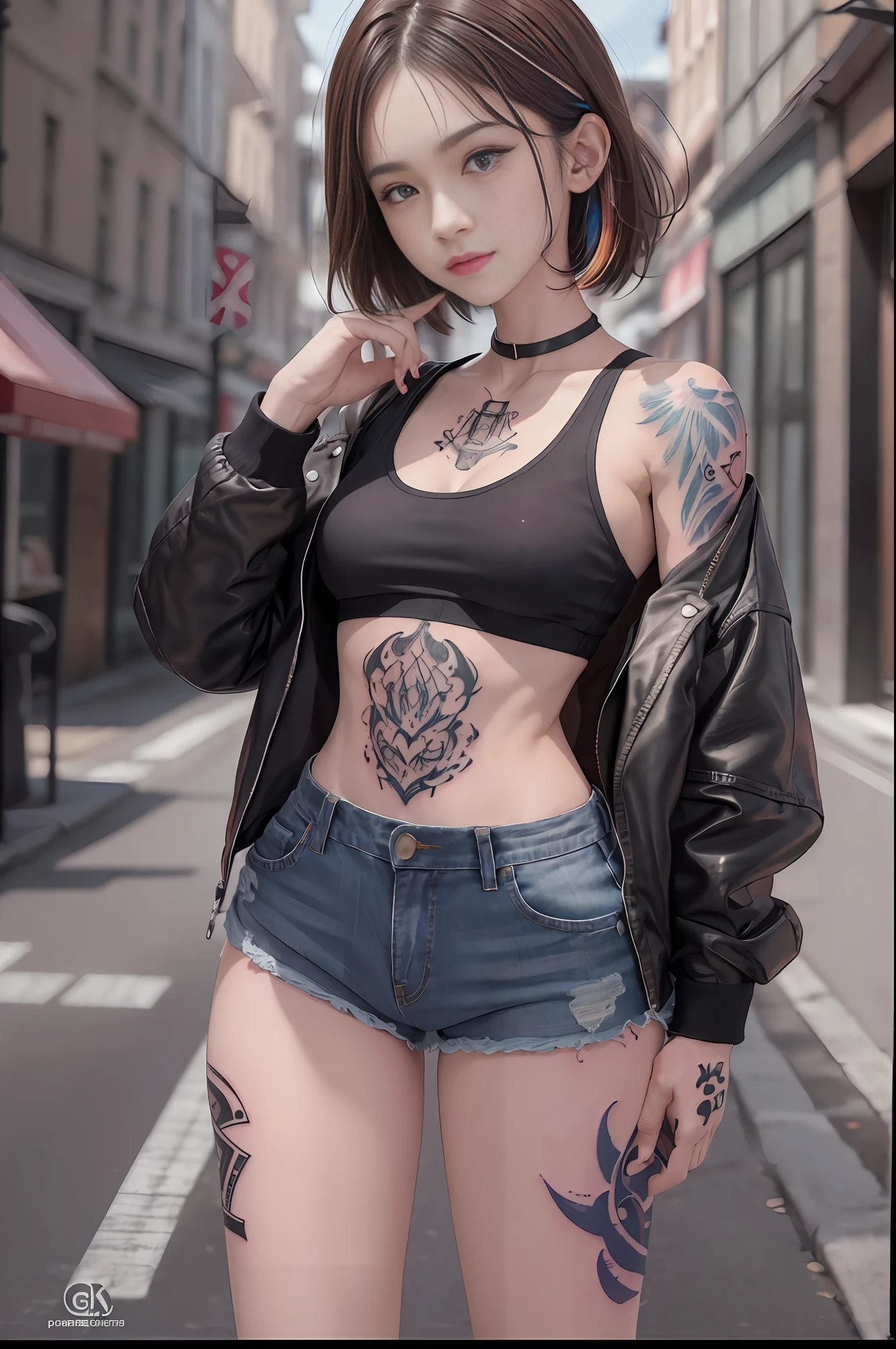 ((medium breast, tomboy girls, small head)),  (chiseled abs : 1.1), (perfect body : 1.1), (short wavy hair : 1.2) , auburn hair, collar, chain, full body shot, crowded street, wearing black tanktop, jeans jacket, torn clothes ((shorts)), (extremely detailed CG 8k wallpaper), (an extremely delicate and beautiful), (masterpiece), (best quality:1.0), (ultra highres:1.0),  beautiful lighting ,perfect lightning, realistic shadows, [highres], detailed skin, ultra-detailed (((colorful))),(tattoo all:1.5),