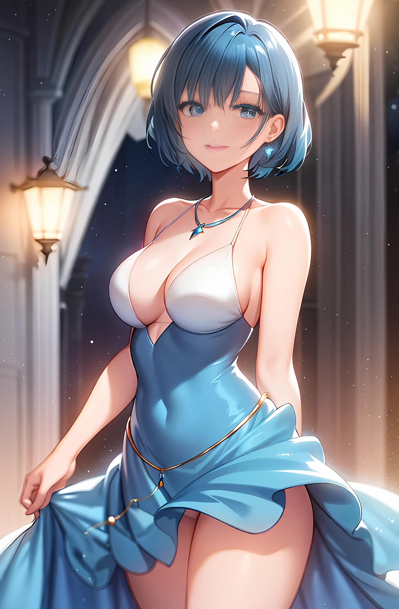 (extremely delicate and beautiful:1.2),1girl, bangs, blue eyes, blurry background, short hair, blue hair, closed mouth, from front, lantern, light particles, evening gown, dress, necklace, earrings, jewelry, sleeveless, bare shoulders, looking at viewer,  night, solo, medium full shot, smile,red lips, medium breasts, mer1