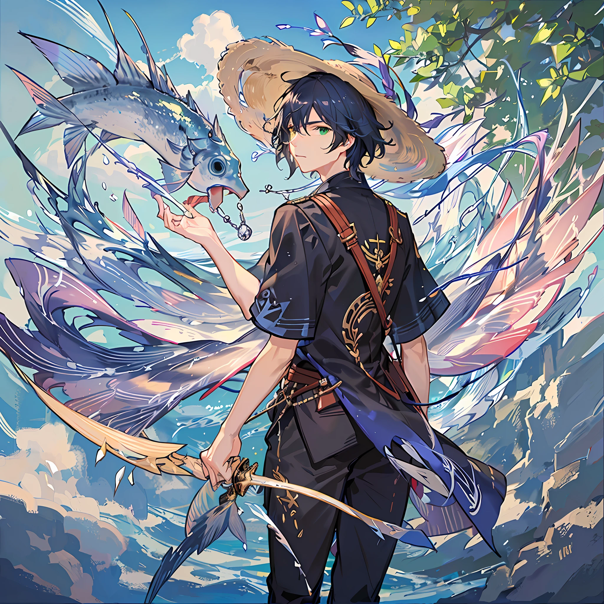 Black-haired male pupil, boy, short-sleeved shorts, wearing a long cape, a straw hat with two streamers and countless wind chimes, blowing a green flute on the back of a huge fish made of water, leading more fish behind him