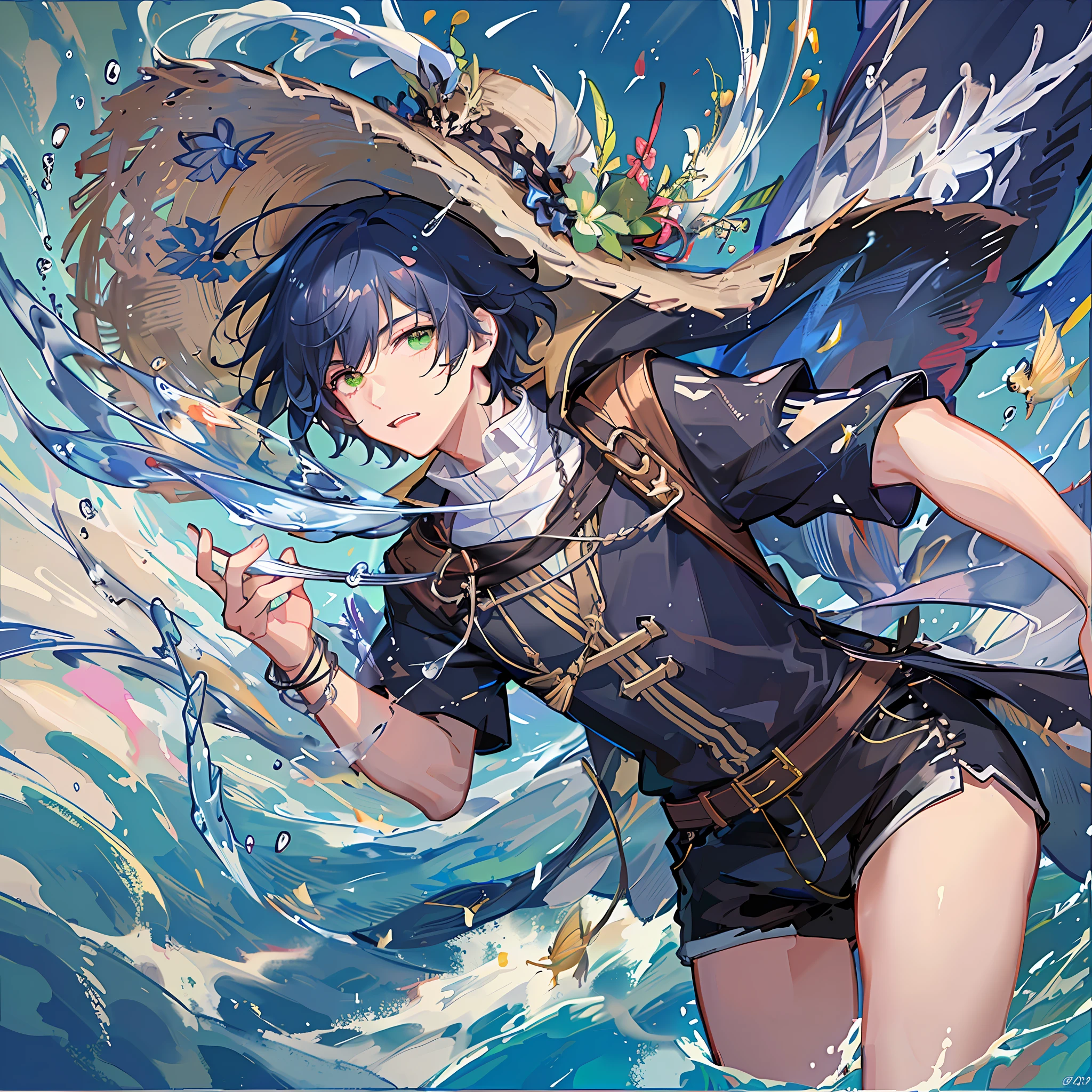 Black-haired male pupil, boy, short-sleeved shorts, wearing a long cape, a straw hat with two streamers and countless wind chimes, blowing a green flute on the back of a huge fish made of water, leading more fish behind him
