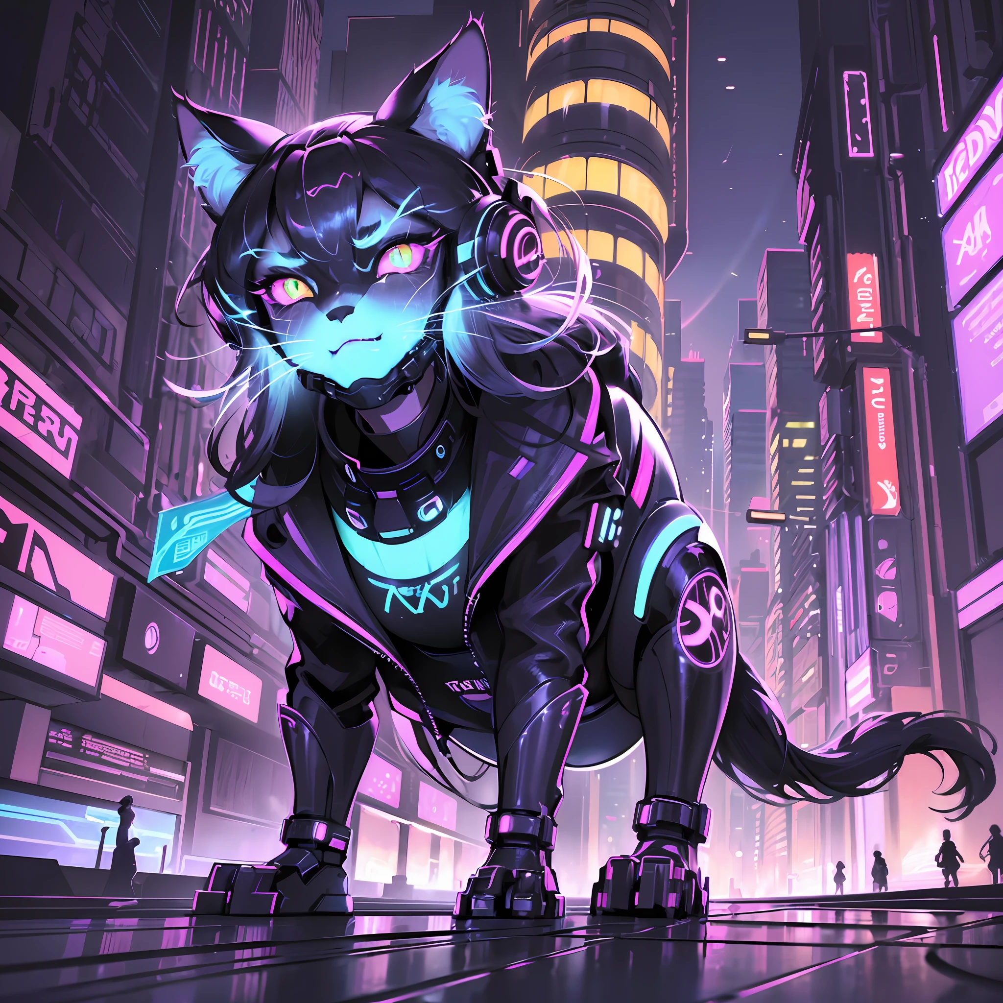 (A cinematic-style illustration of the Cat in cyberpunk costume, high-quality, 4k animation with distorted shadow and dramatic lighting, in a futuristic illuminated city, surrounded by neon buildings and hologram effects.) --auto --s2