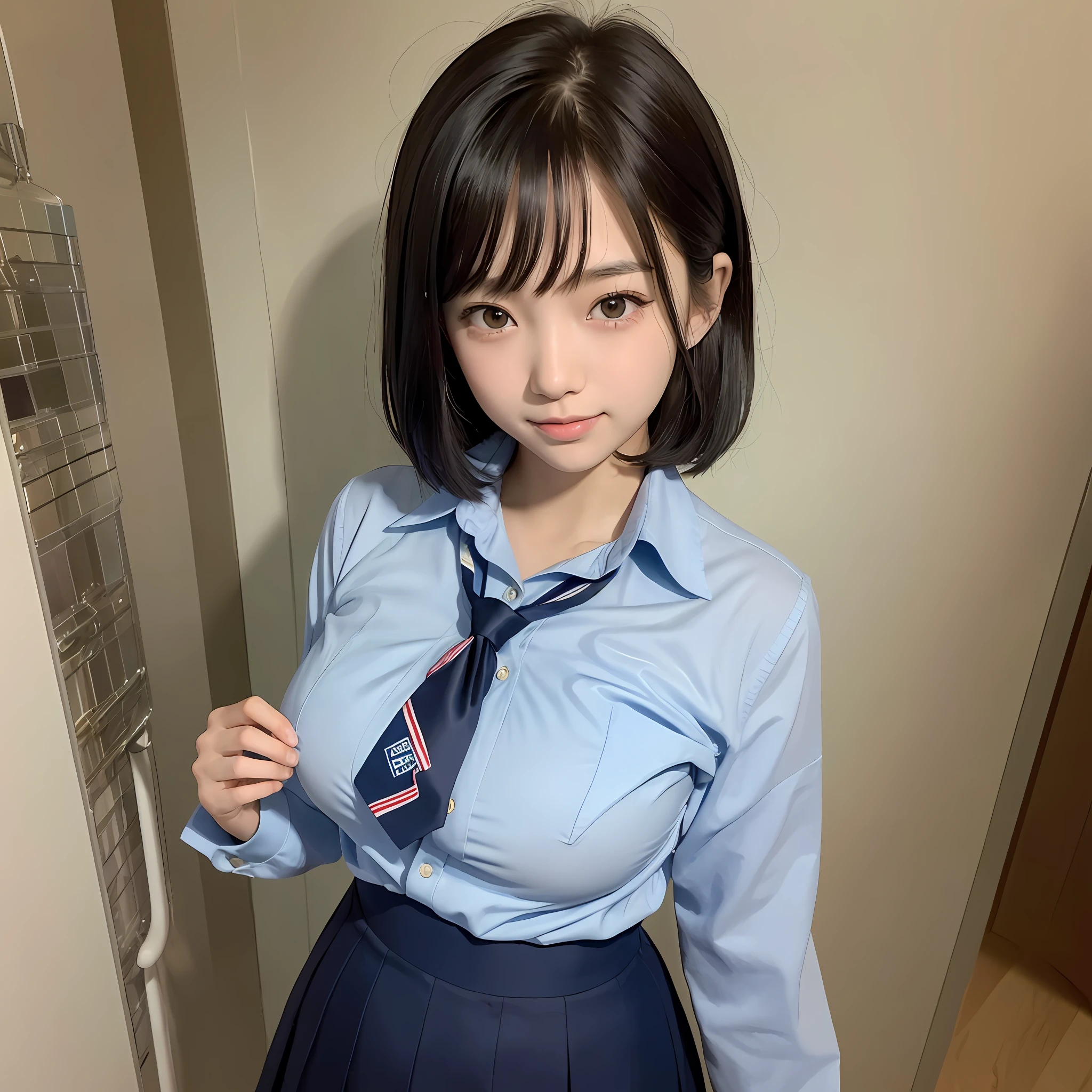 ((Masterpiece)), (Best Quality), (Details), (1girl), Teenage Young Japan Girl, Gravure Idol, Very Beautiful Skin, Shiny Skin, Just Right Size Breasts, Perfect Breasts, Perfect Figure, Just Right Thin Legs, Short Hair, Black Hair, Brown Glistening Eyes, Natural Clothing, Skin Transparency, Smile, Uniform, Navy Blue Skirt, Light Blue Shirt, Navy Blue Tie, Urban