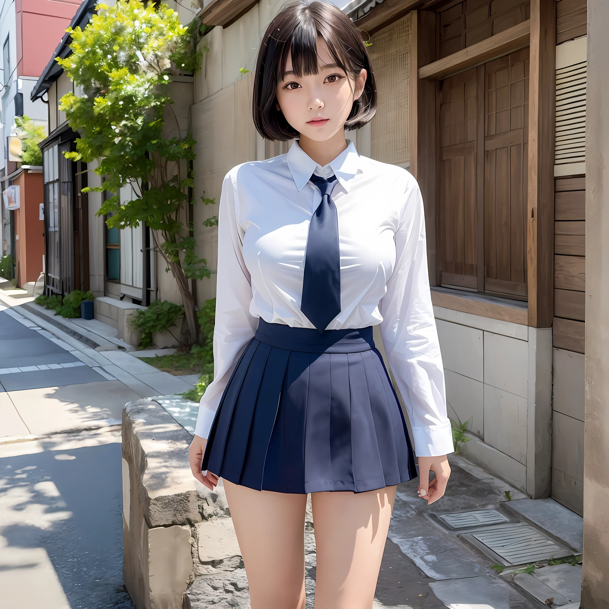 ((Masterpiece)), (Best Quality), (Details), (1girl), Teenage Young Japan Girl, Gravure Idol, Very Beautiful Skin, Shiny Skin, Just Right Size Breasts, Perfect Breasts, Perfect Figure, Just Right Thin Legs, Short Hair, Black Hair, Brown Glistening Eyes, Natural Clothing, Skin Transparency, Smile, Uniform, Navy Blue Skirt, Light Blue Shirt, Navy Blue Tie, Urban