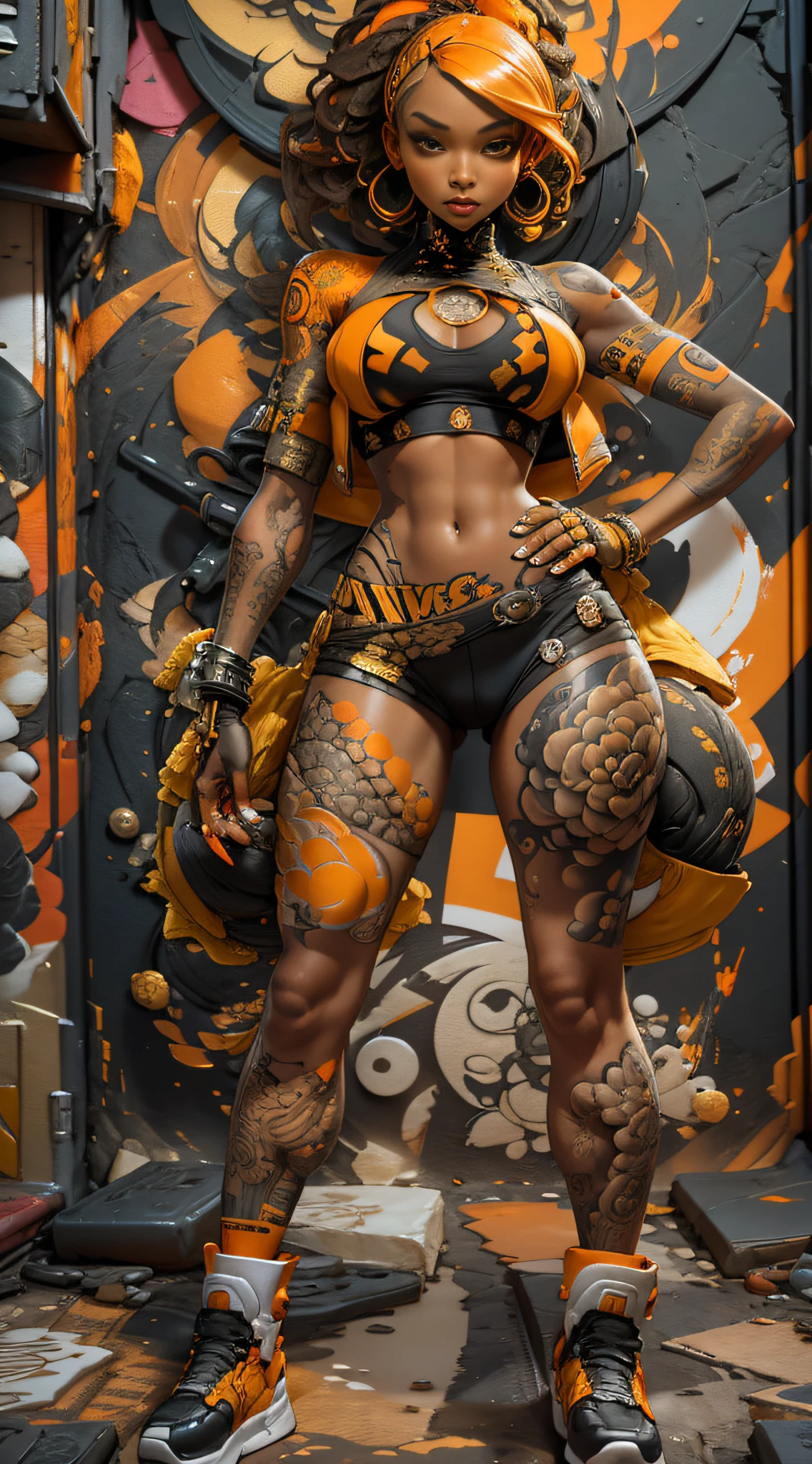 Textures: 1.5, orange: 1.1, white: 1.3, yellow: 1.3, (black woman), sexy, tattoos, (power puffer clothes: 1.2), 3d graffitti, abstract, lines, background circles