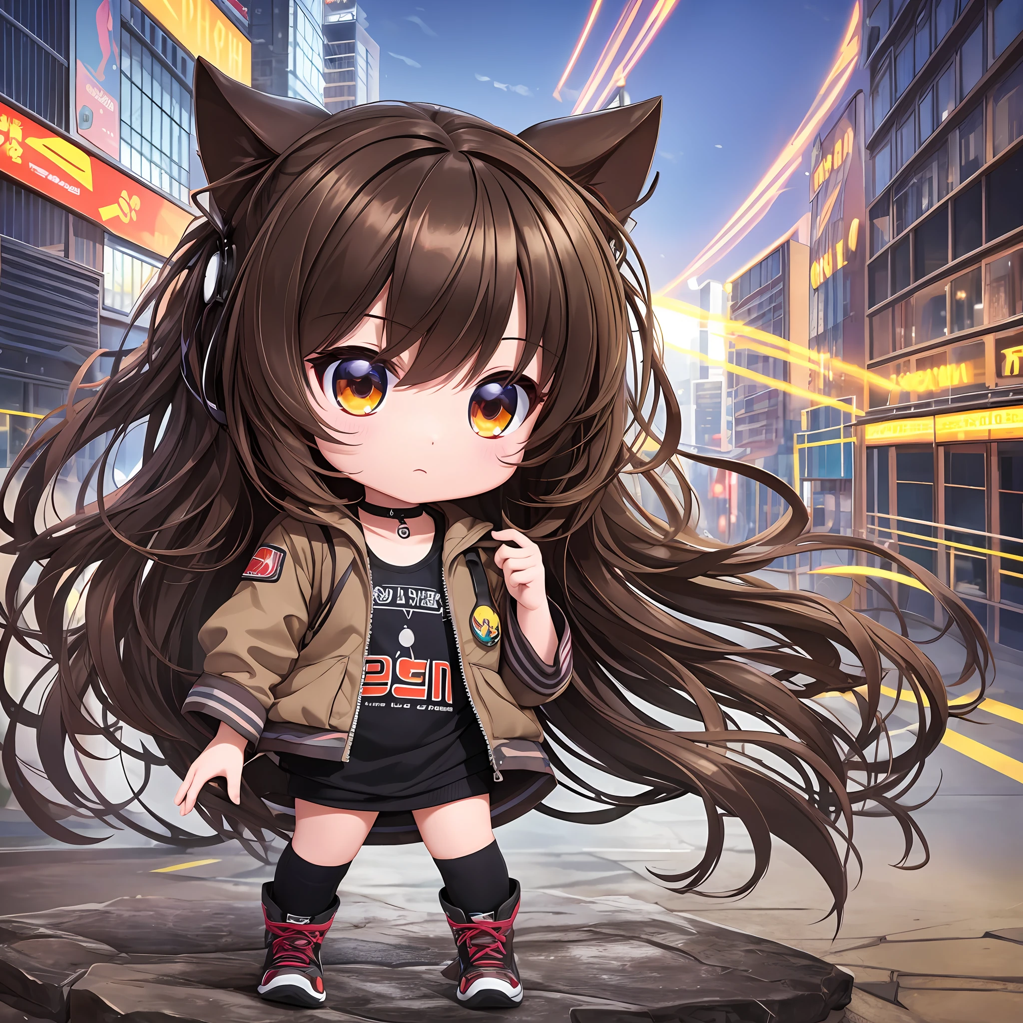 10k Ultra HD Vivid Colors Ultra Cinematic Masterpiece, Digital Art  Chibi Style, One Girl, Full Body Big Head, Chinese, Light Brown Eyes, Rock Clothes --auto --s2