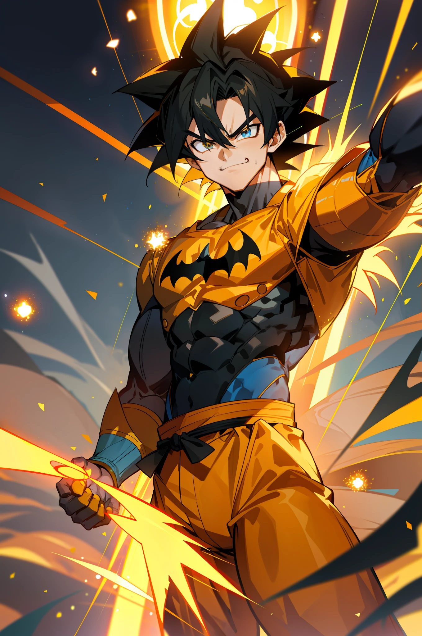 masterpiece, best quality, batman x goku, super saiyan goku, ssj goku, training, smiling, angry face, looking at viewer, standing, blonde hair, orange top, mechanical arms, orange pants, body suit, science fiction, blue belt, blue bracelets, dark blue boots,
, (aura power:1.4), boots, night, natural light, standing, yellow rays, angry eyes, blue eyes, smiling, black hair, male focus, strong muscles, film composition, field deth, bokeh, (yellow particles:1.4), floating particles,