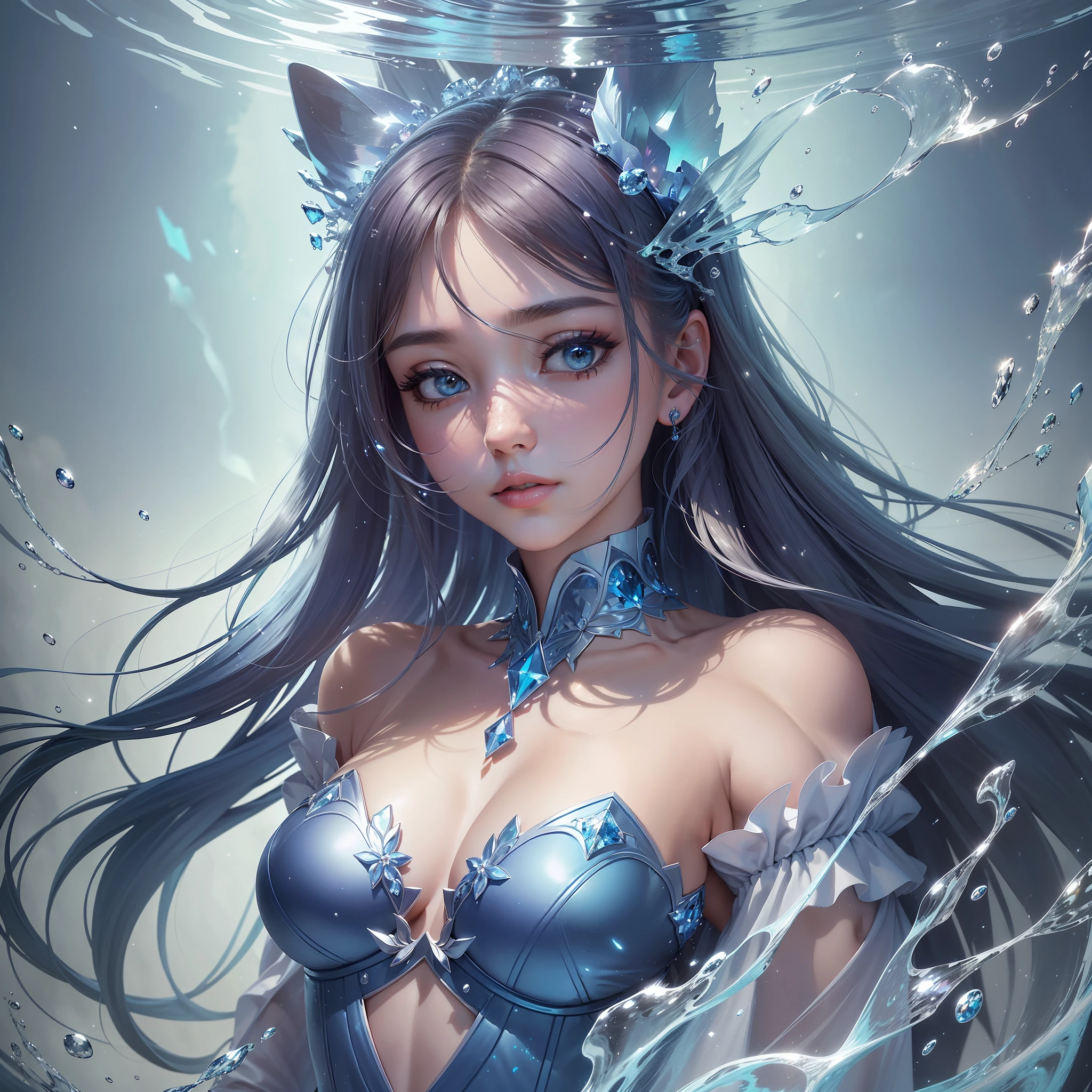 (Masterpiece, Superior Quality, Best, Official Art, Beautiful and Aesthetic, Long Exposure: 1.2), Smooth Movement, Charming Patterns, 1 Girl, (No Cleavage: 1.4), (Long Dress with Sleeves: 1.3), Long Blue Dress, (Small Breasts: 1.2), Bare Shoulders, Adult Russian Woman, Freckles, Black Wolf Hair, Portrait, Solo, Upper Body, Looking at the Observer, Detailed Background, Detailed Face, (CrystallineAI,  crystalline theme: 1.1 ), elemental water sprite, spinning water, water control, diamond clothes, dynamic pose, floating particles, ethereal dynamics, water, steam, ocean in the background, blue hue, coast, ethereal atmosphere,