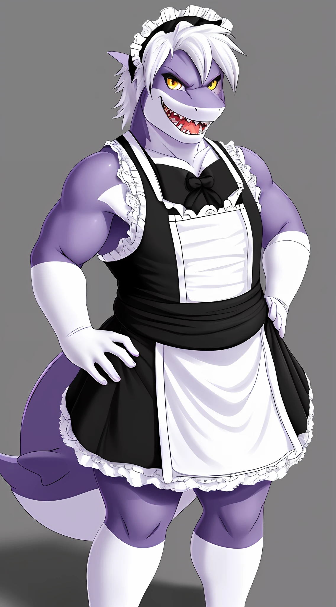 (Shark), anthro, (wearing maid clothing), high detail, high resolution, raw photo, gray background, solo, ((male body)), high quality, hi res, sharp body, detailed, detailed, cartoony, ((looking at the viewer)), angry, crazy, chubby, muffin top, full body, ((full body portrait)), far, (((full body concept))), white hair, purple blue skin, yellow eyes