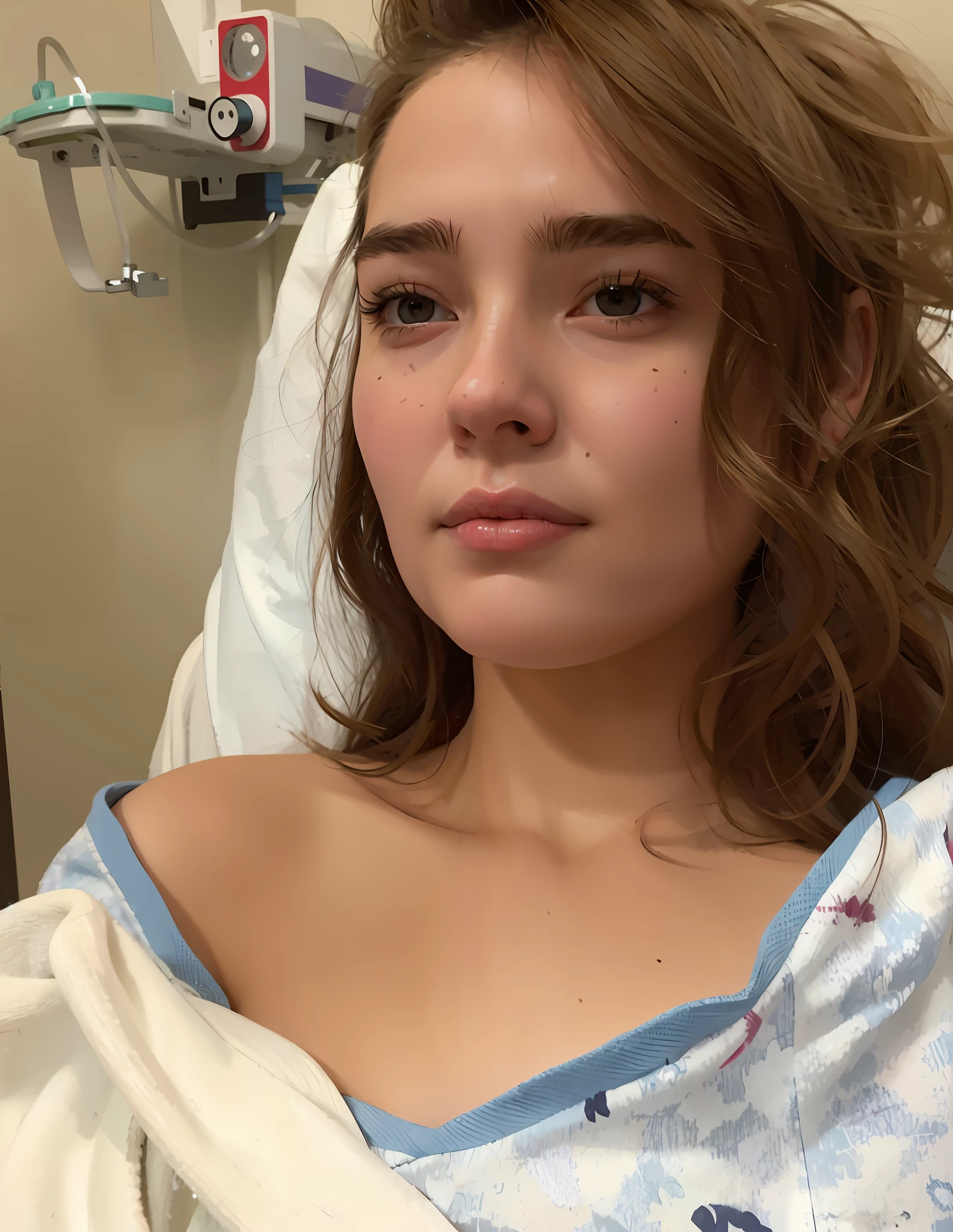 There is a woman in a hospital bed with a towel on, 18 years old, 21 years old, 1 6 years old, 2 4 years old, 2 3 years old, 19 year old girl, 1 8 years old, 2 2 years old, in a hospital gown, Florence Pugh, 2 8 years old, in hospital bed icostrega